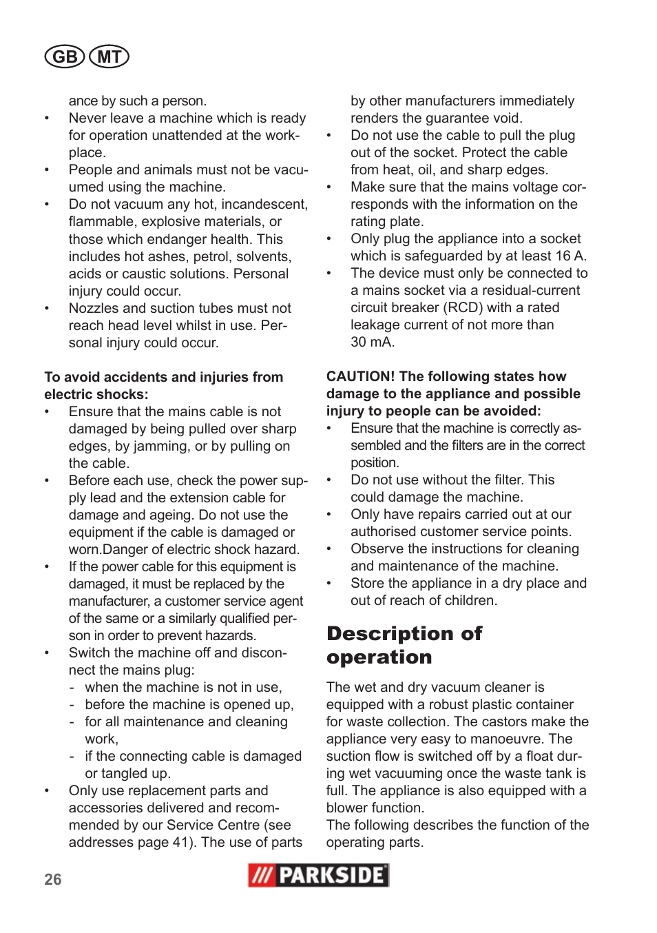 Description of operation, Gb mt | Parkside PNTS 1300 A1 User Manual | Page 26 / 42