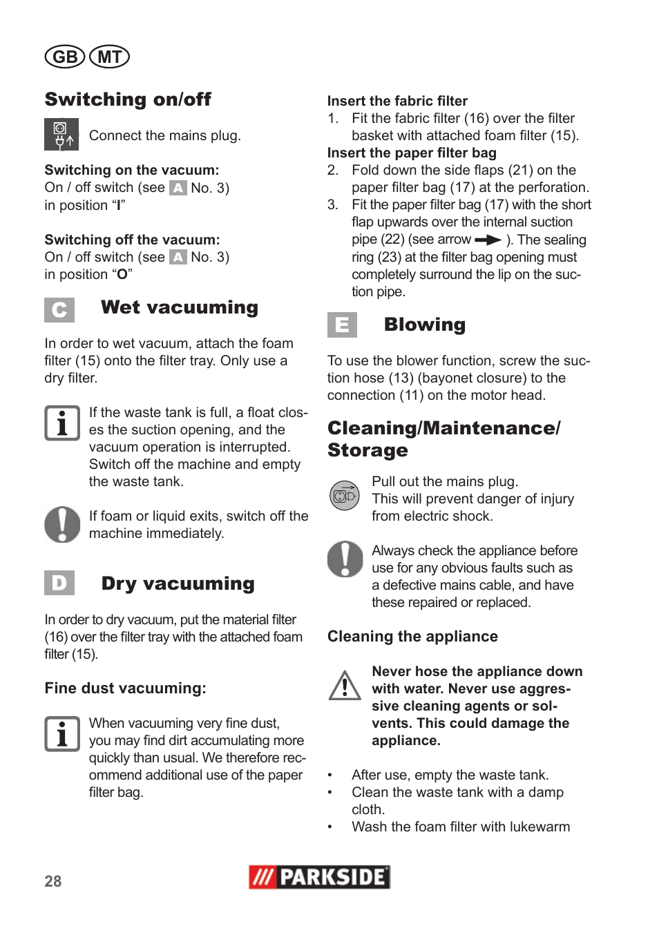 Switching on/off, Wet vacuuming, Dry vacuuming | Blowing, Cleaning/maintenance/ storage | Parkside PNTS 1300 A1 User Manual | Page 28 / 42