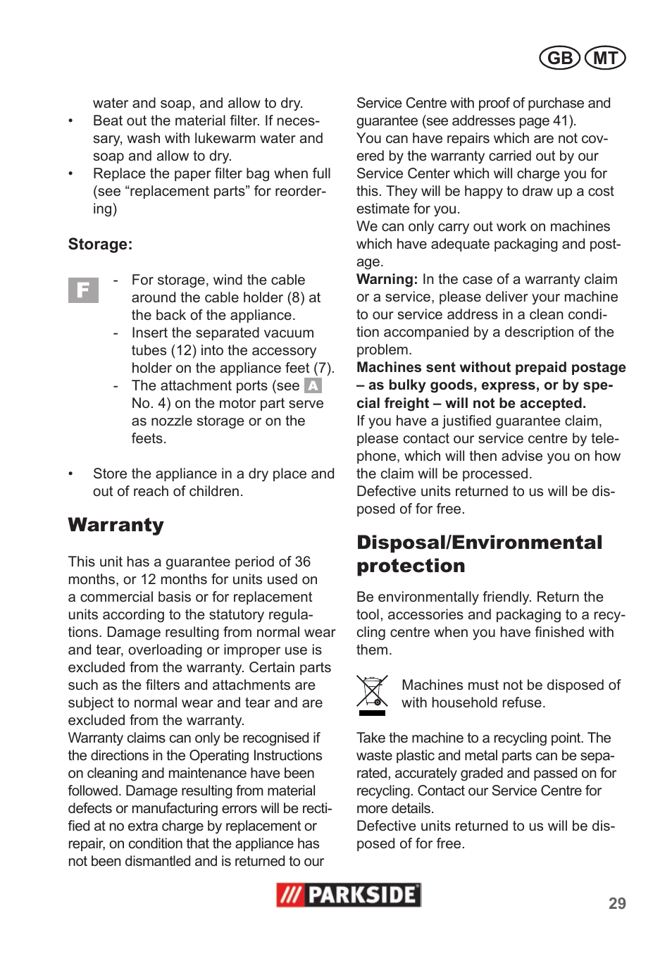 Warranty, Disposal/environmental protection, Gb mt | Parkside PNTS 1300 A1 User Manual | Page 29 / 42