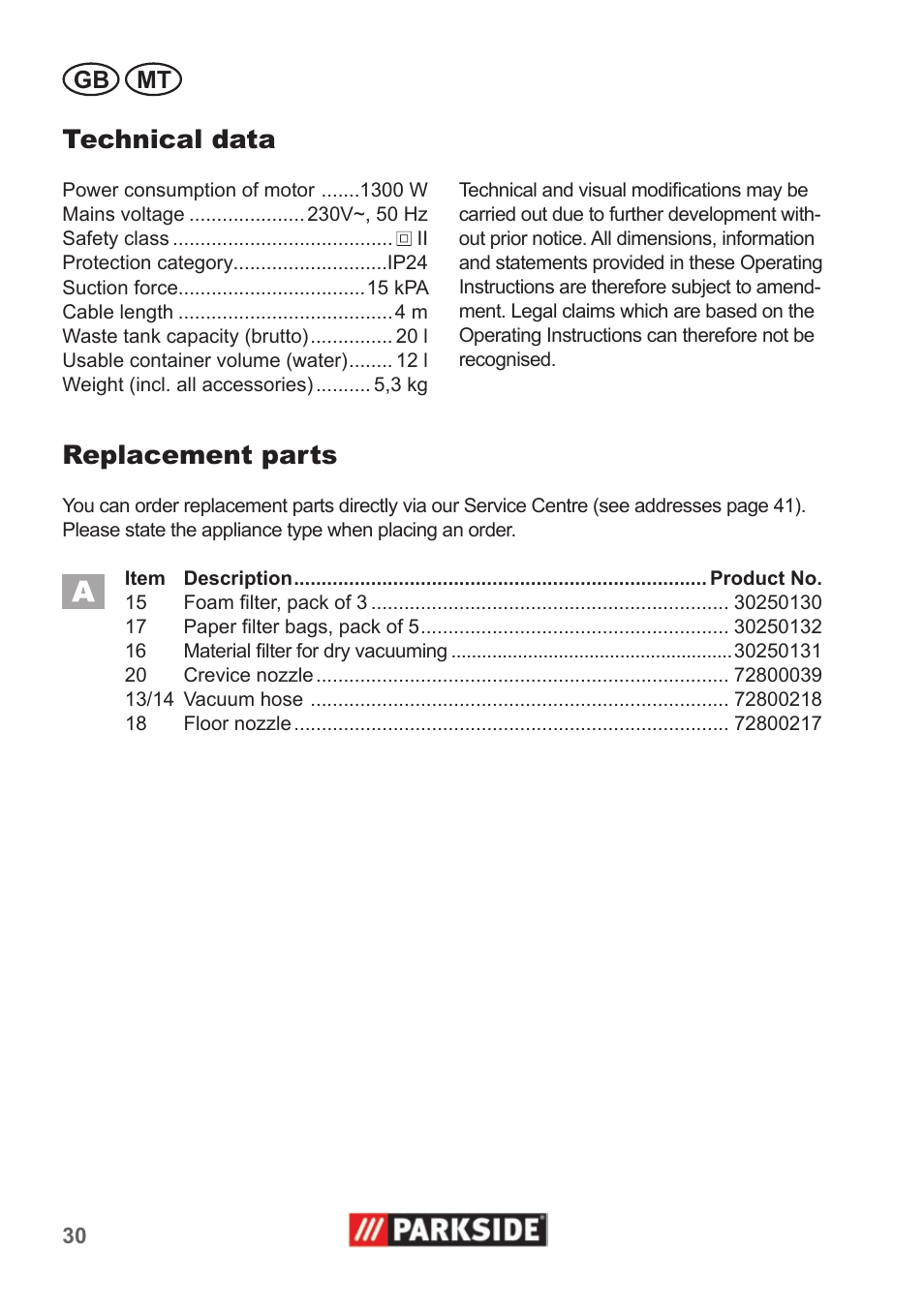 Technical data, Replacement parts, Gb mt | Parkside PNTS 1300 A1 User Manual | Page 30 / 42