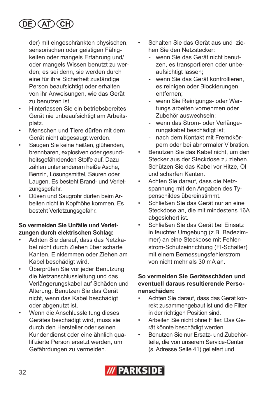 De at ch | Parkside PNTS 1300 A1 User Manual | Page 32 / 42