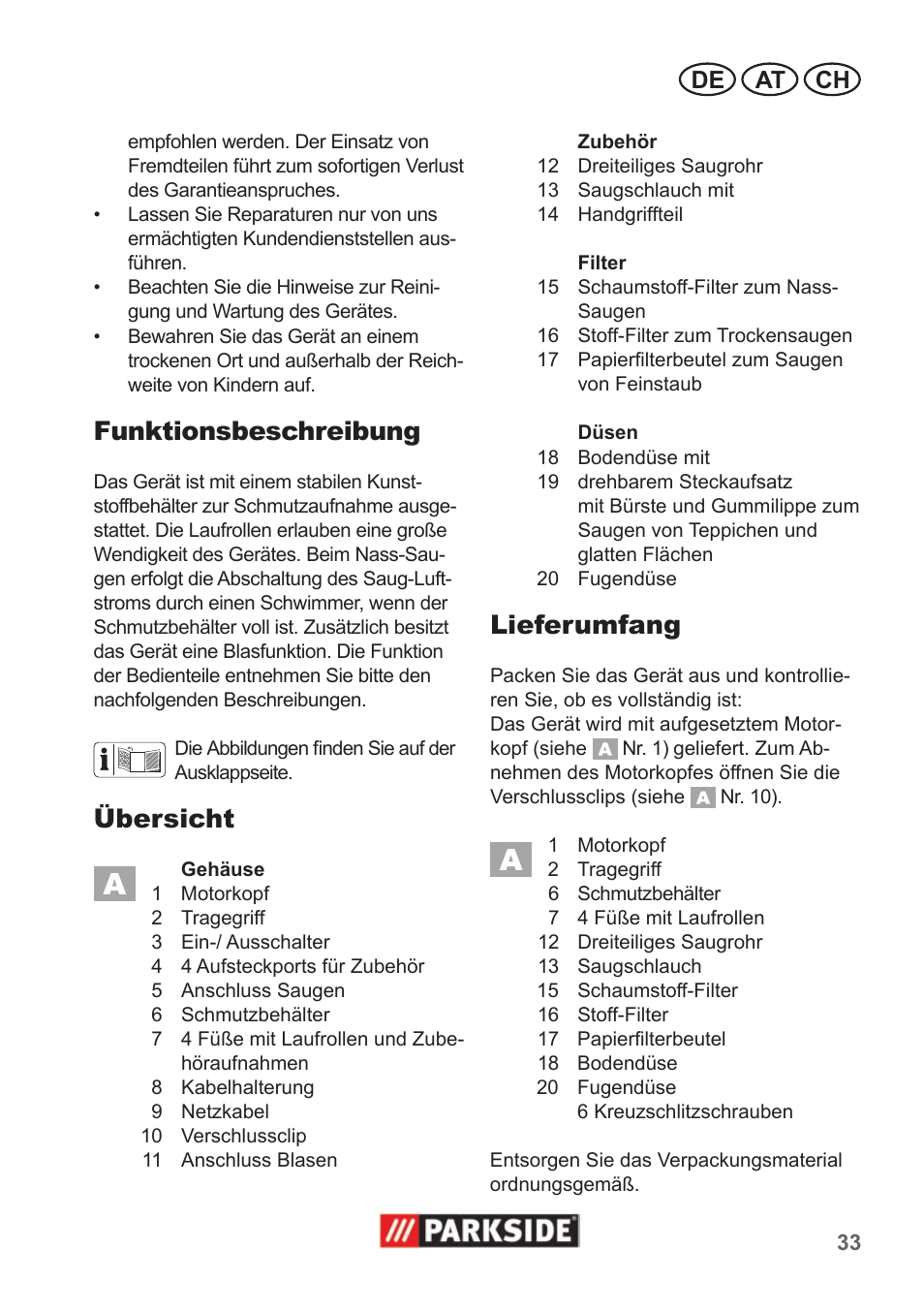 Funktionsbeschreibung, Übersicht, Lieferumfang | De at ch | Parkside PNTS 1300 A1 User Manual | Page 33 / 42