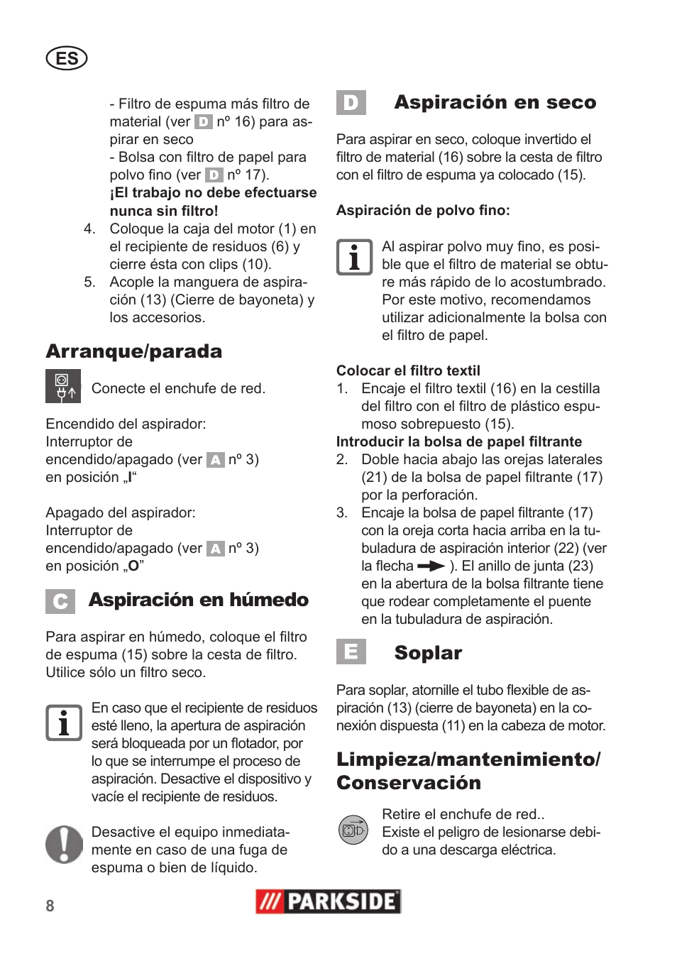 Arranque/parada, Aspiración en húmedo, Aspiración en seco | Soplar, Limpieza/mantenimiento/ conservación | Parkside PNTS 1300 A1 User Manual | Page 8 / 42