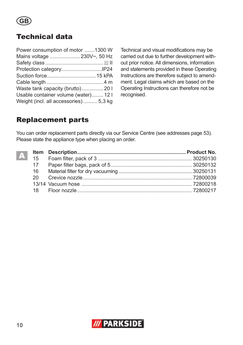 Technical data, Replacement parts | Parkside PNTS 1300 A1 User Manual | Page 10 / 54
