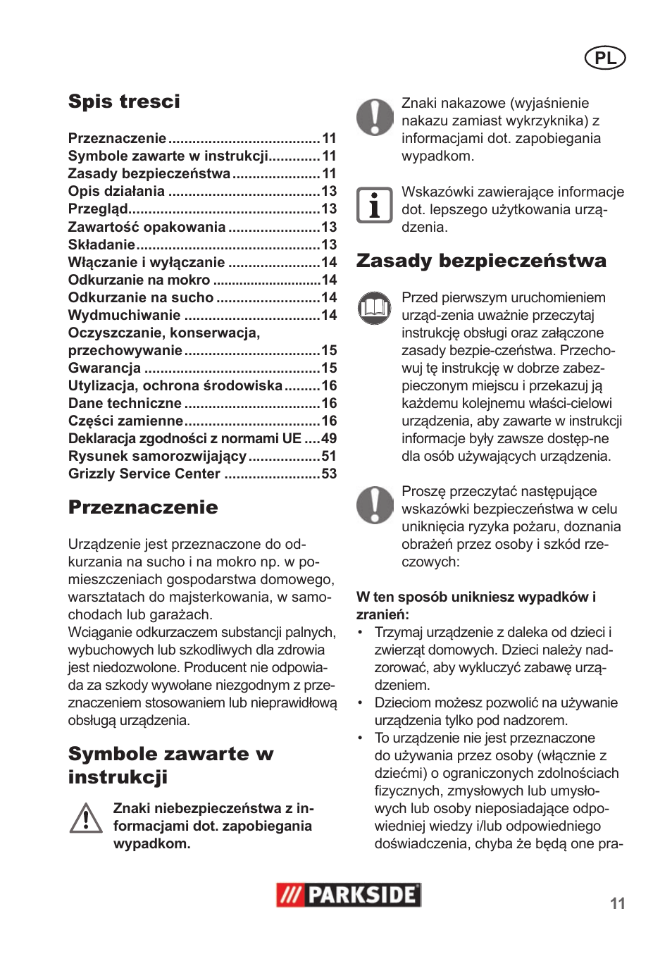 Spis tresci, Przeznaczenie, Symbole zawarte w instrukcji | Zasady bezpieczeństwa | Parkside PNTS 1300 A1 User Manual | Page 11 / 54