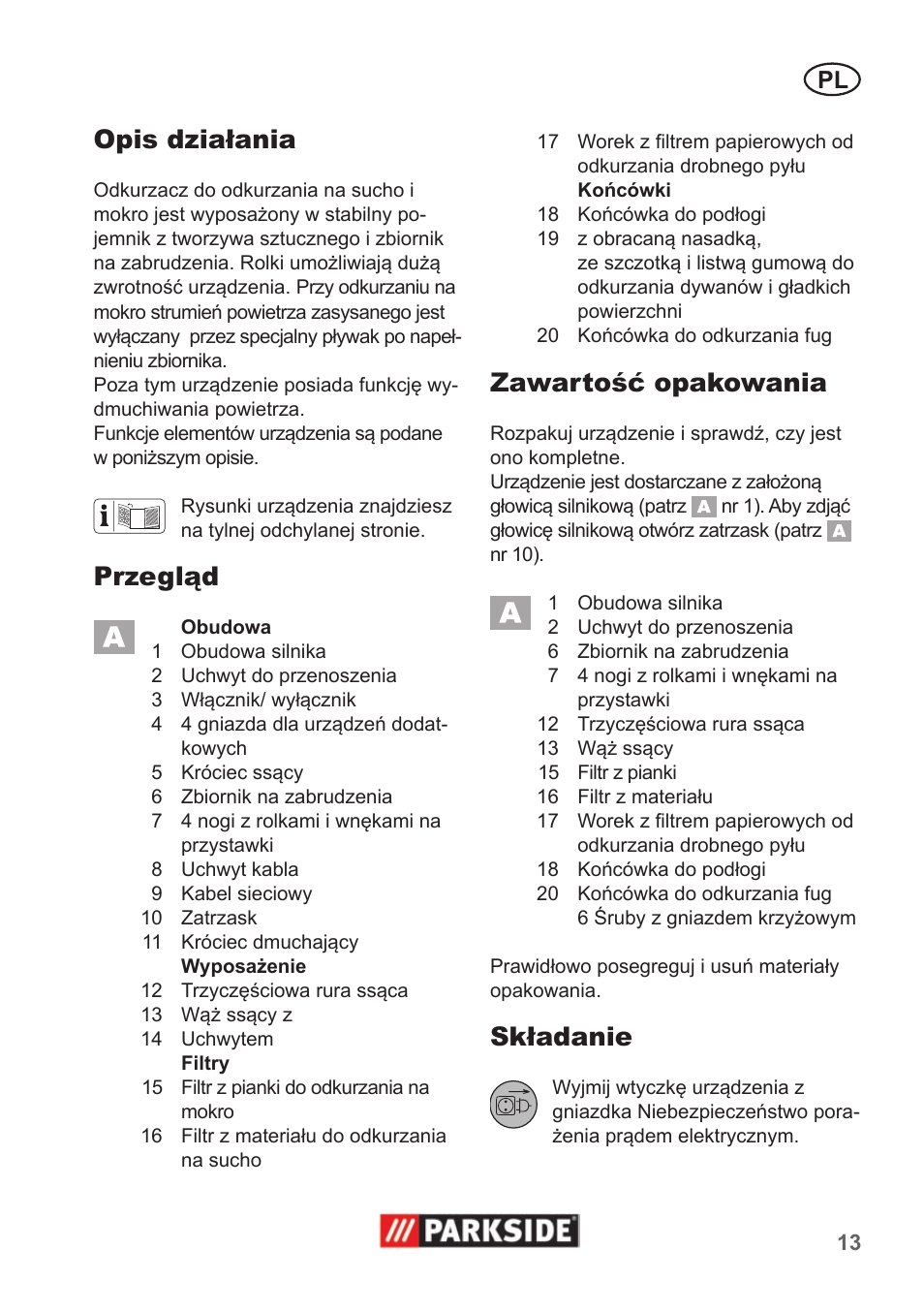 Opis działania, Przegląd, Zawartość opakowania | Składanie | Parkside PNTS 1300 A1 User Manual | Page 13 / 54