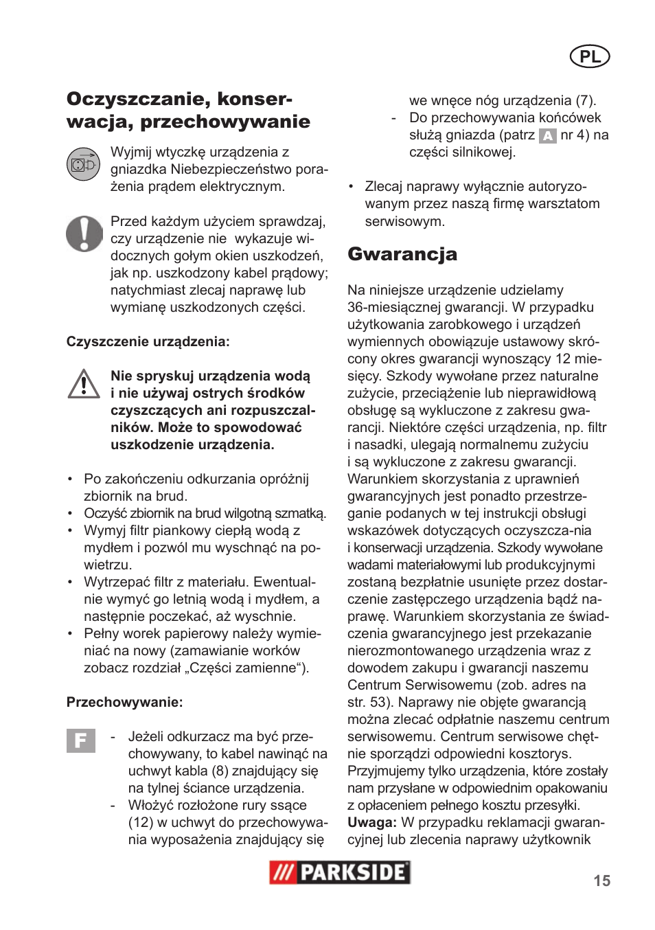 Oczyszczanie, konser- wacja, przechowywanie, Gwarancja | Parkside PNTS 1300 A1 User Manual | Page 15 / 54