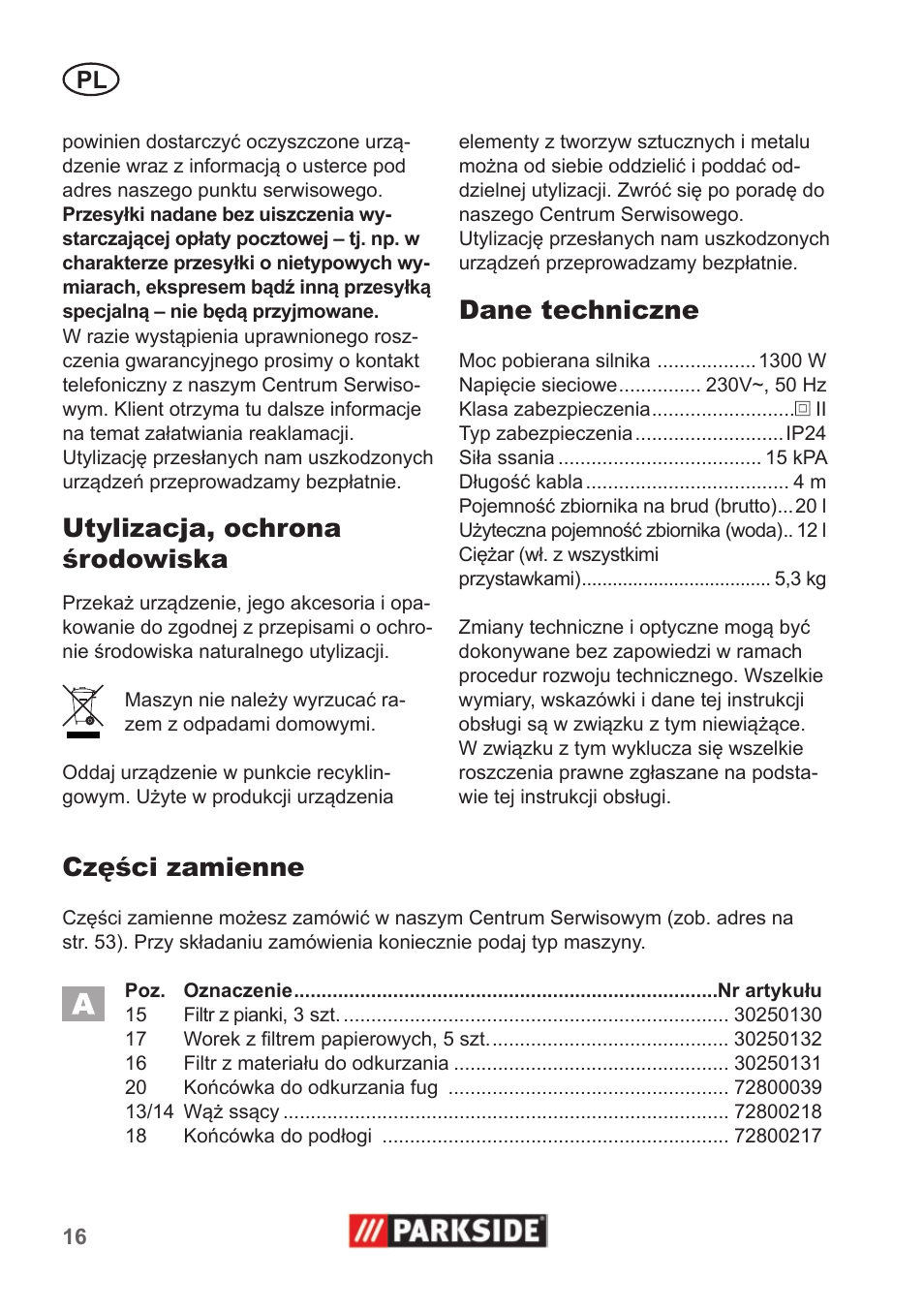 Utylizacja, ochrona środowiska, Dane techniczne, Części zamienne | Parkside PNTS 1300 A1 User Manual | Page 16 / 54