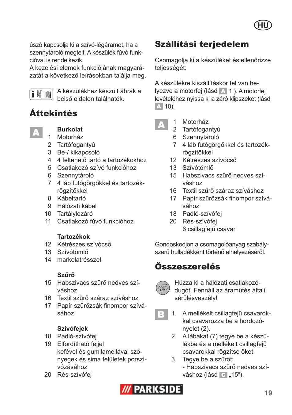 Áttekintés, Szállítási terjedelem, Összeszerelés | Parkside PNTS 1300 A1 User Manual | Page 19 / 54
