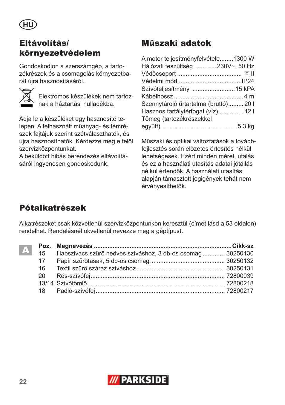 Eltávolítás/ környezetvédelem, Műszaki adatok, Pótalkatrészek | Parkside PNTS 1300 A1 User Manual | Page 22 / 54