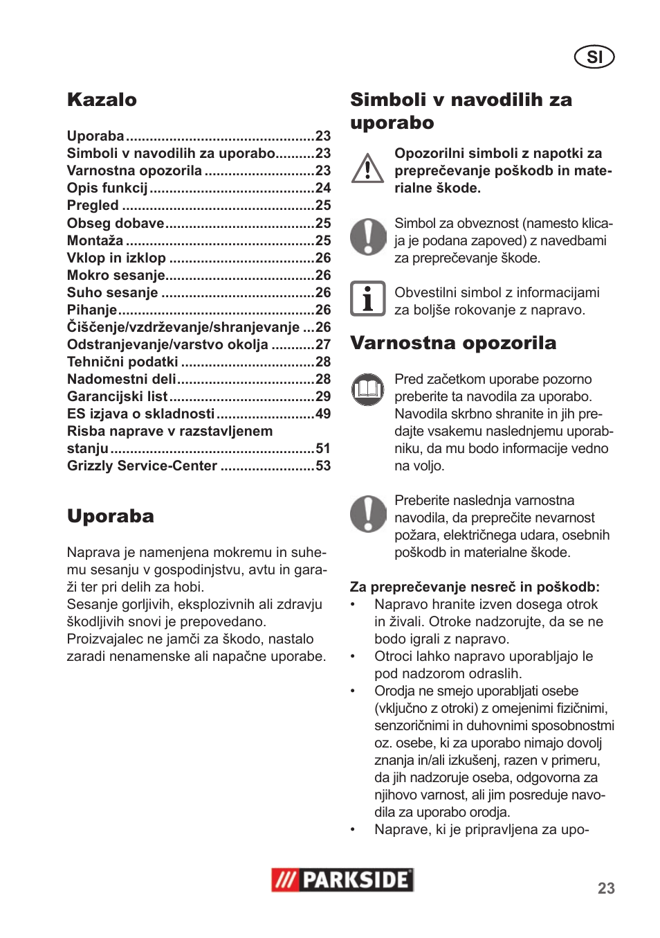 Kazalo, Uporaba, Simboli v navodilih za uporabo | Varnostna opozorila | Parkside PNTS 1300 A1 User Manual | Page 23 / 54