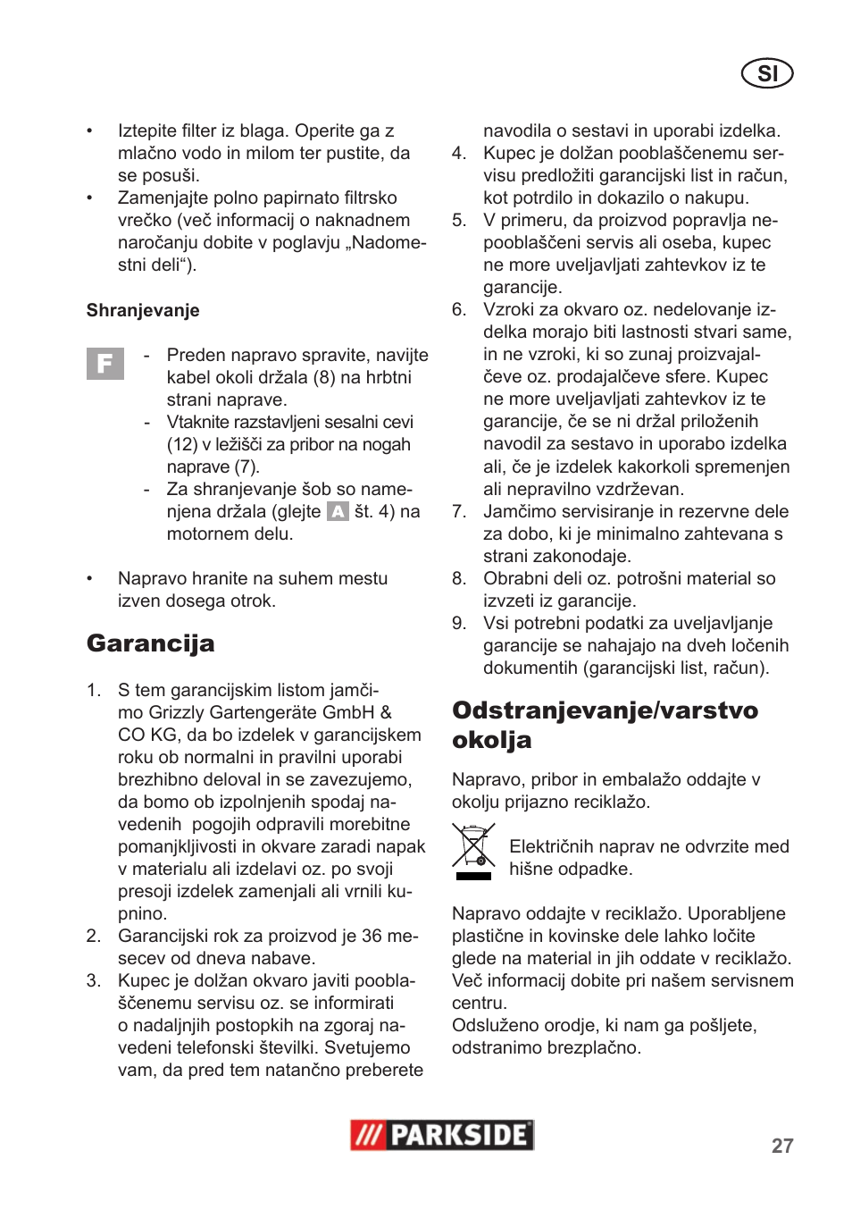 Garancija, Odstranjevanje/varstvo okolja | Parkside PNTS 1300 A1 User Manual | Page 27 / 54