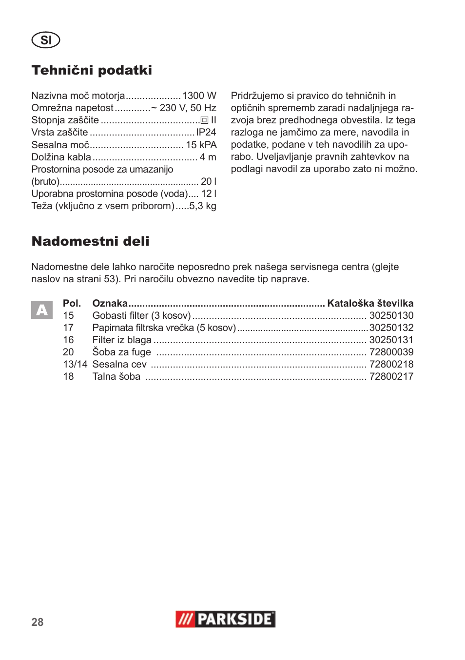 Tehnični podatki, Nadomestni deli | Parkside PNTS 1300 A1 User Manual | Page 28 / 54
