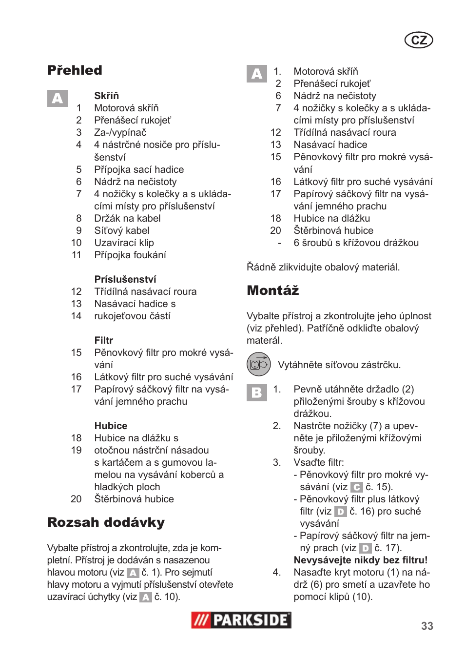 Přehled, Rozsah dodávky, Montáž | Parkside PNTS 1300 A1 User Manual | Page 33 / 54