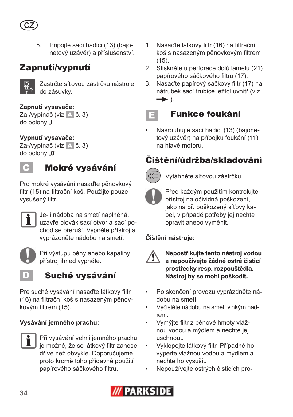 Zapnutí/vypnutí, Mokré vysávání, Suché vysávání | Funkce foukání, Čištění/údržba/skladování | Parkside PNTS 1300 A1 User Manual | Page 34 / 54