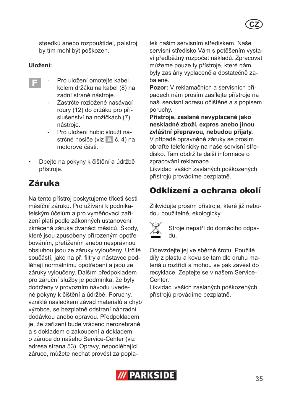 Záruka, Odklízení a ochrana okolí | Parkside PNTS 1300 A1 User Manual | Page 35 / 54
