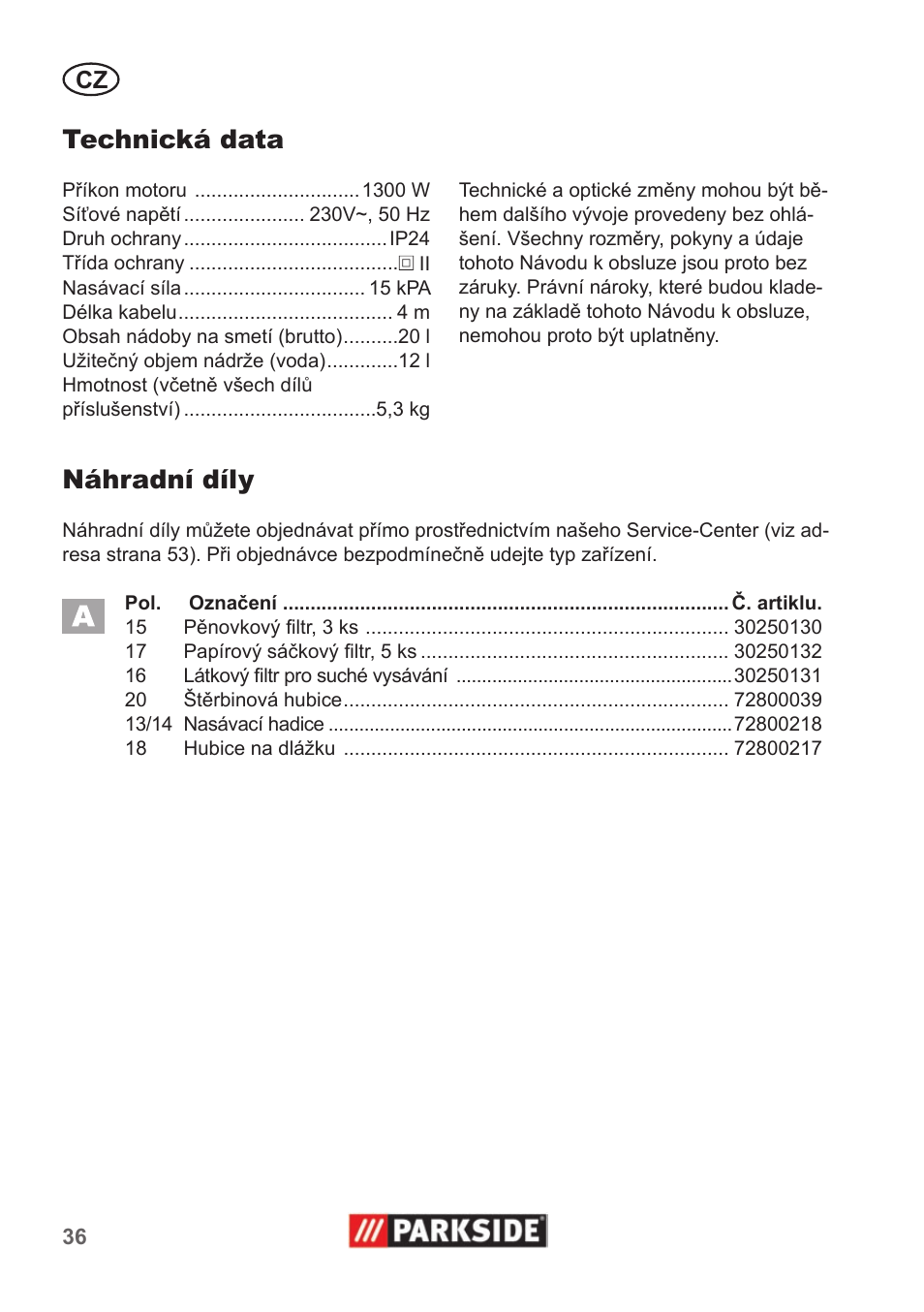 Technická data, Náhradní díly | Parkside PNTS 1300 A1 User Manual | Page 36 / 54