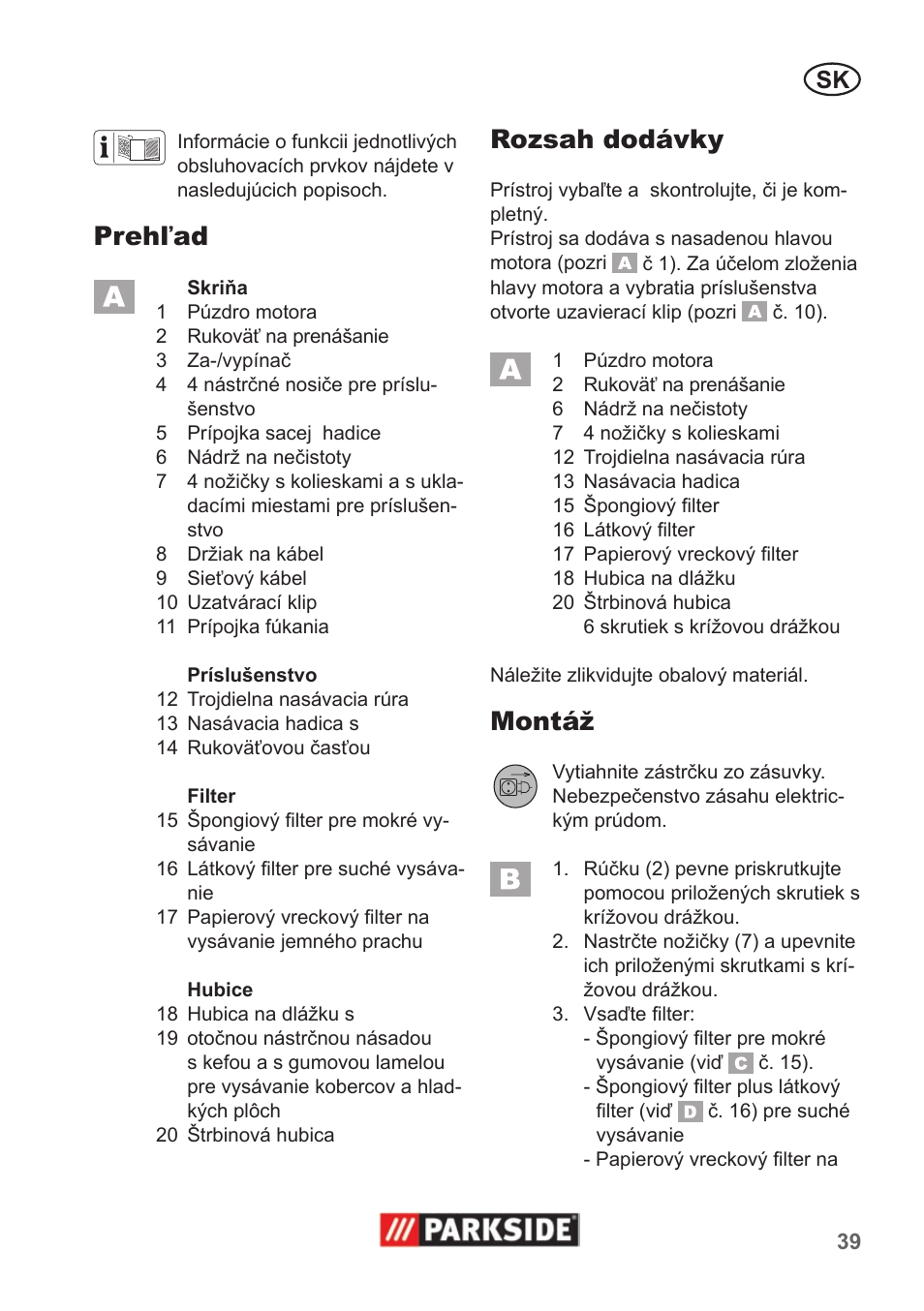 Prehľad, Rozsah dodávky, Montáž | Parkside PNTS 1300 A1 User Manual | Page 39 / 54