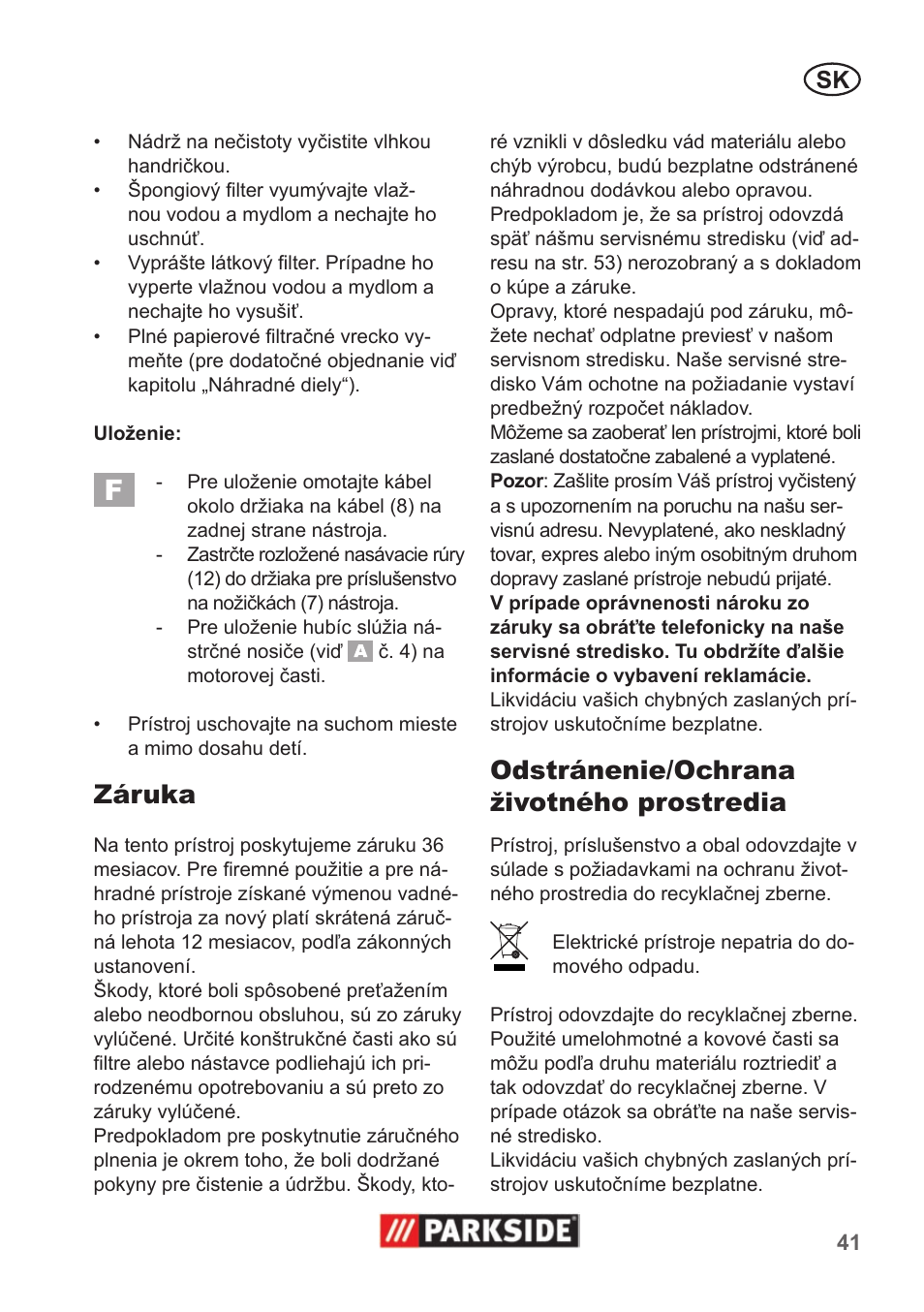 Záruka, Odstránenie/ochrana životného prostredia | Parkside PNTS 1300 A1 User Manual | Page 41 / 54