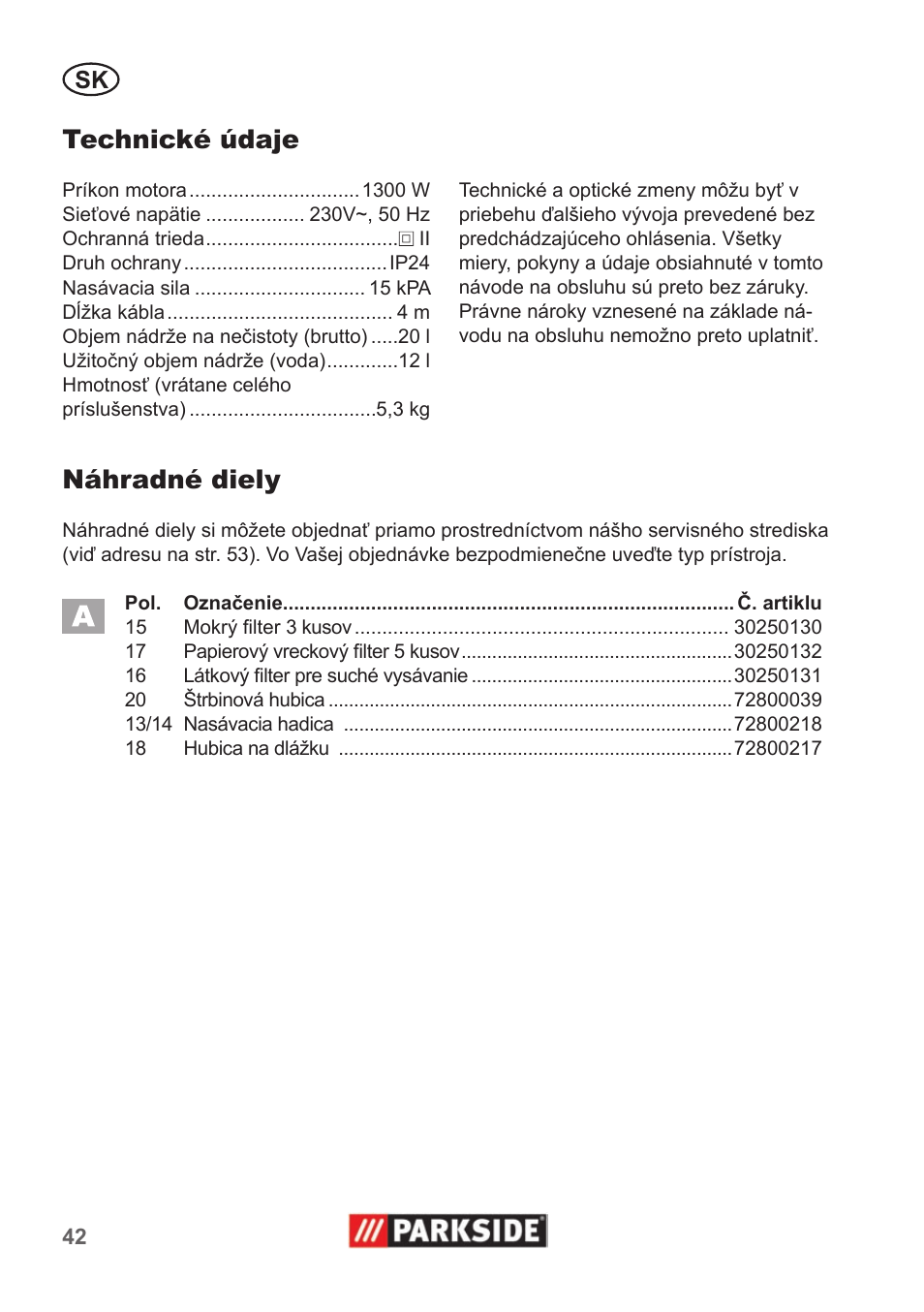 Technické údaje, Náhradné diely | Parkside PNTS 1300 A1 User Manual | Page 42 / 54