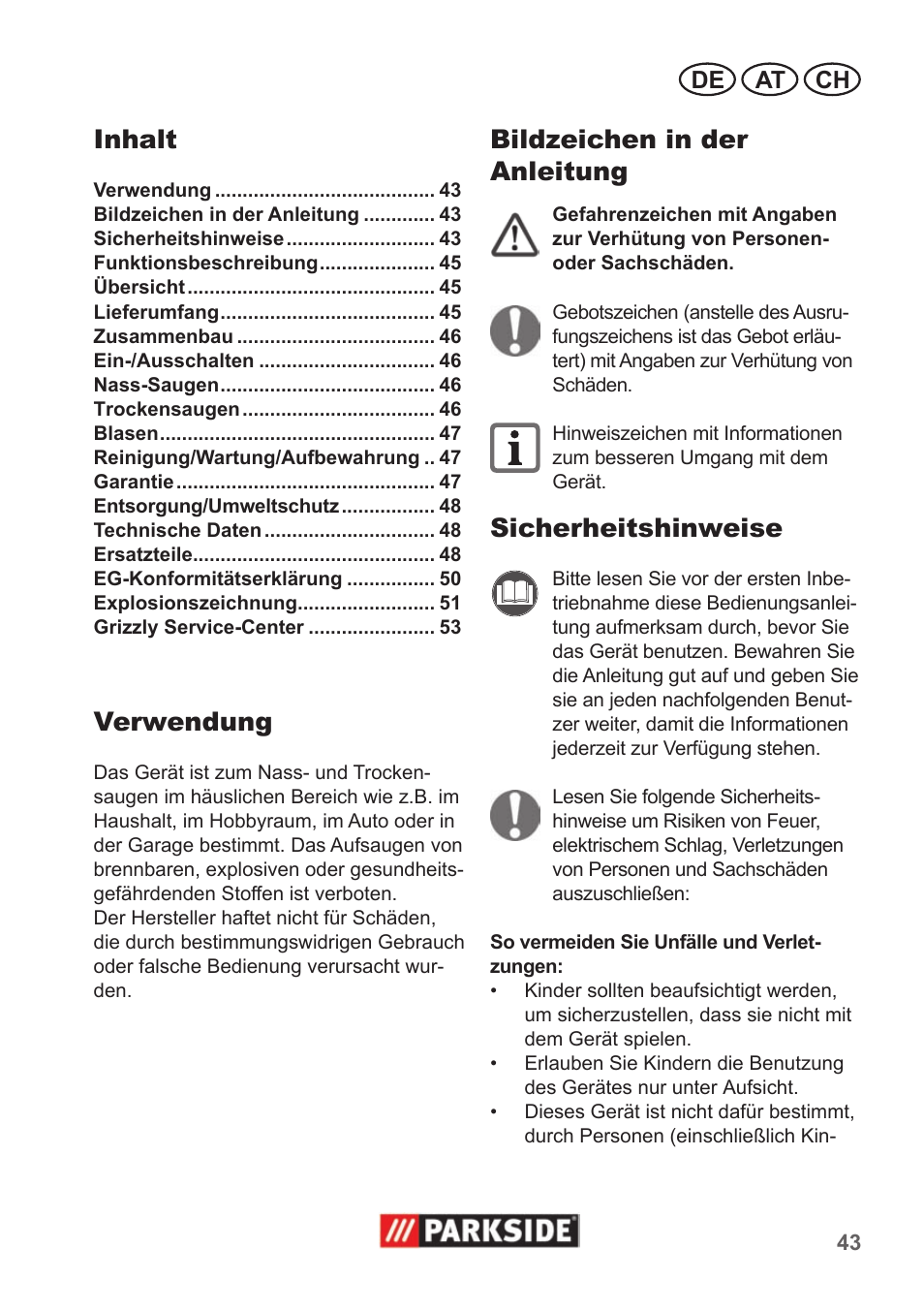 Inhalt, Verwendung, Bildzeichen in der anleitung | Sicherheitshinweise | Parkside PNTS 1300 A1 User Manual | Page 43 / 54