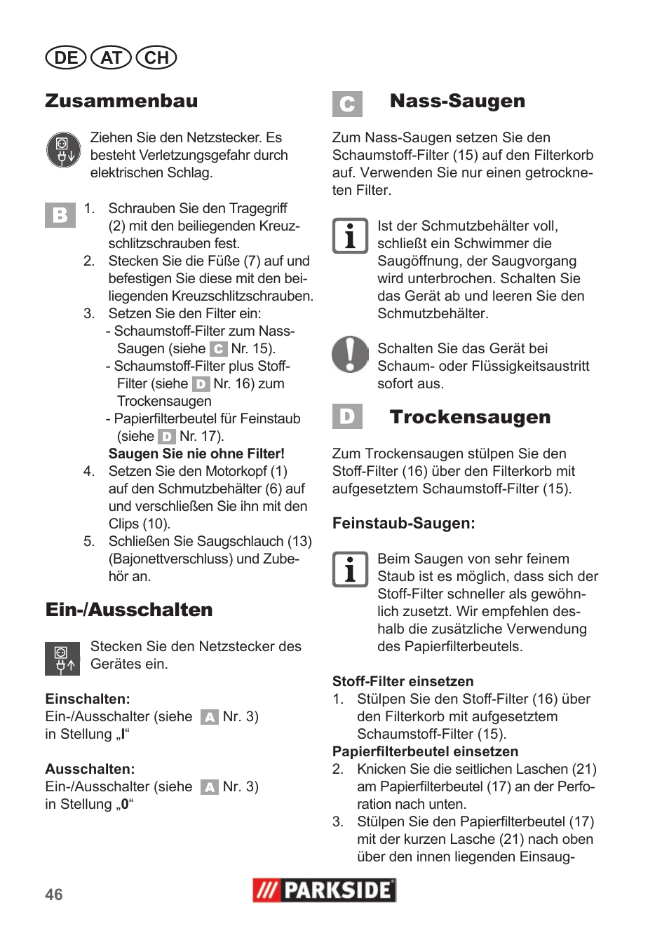 Zusammenbau, Ein-/ausschalten, Nass-saugen | Trockensaugen, De at ch | Parkside PNTS 1300 A1 User Manual | Page 46 / 54