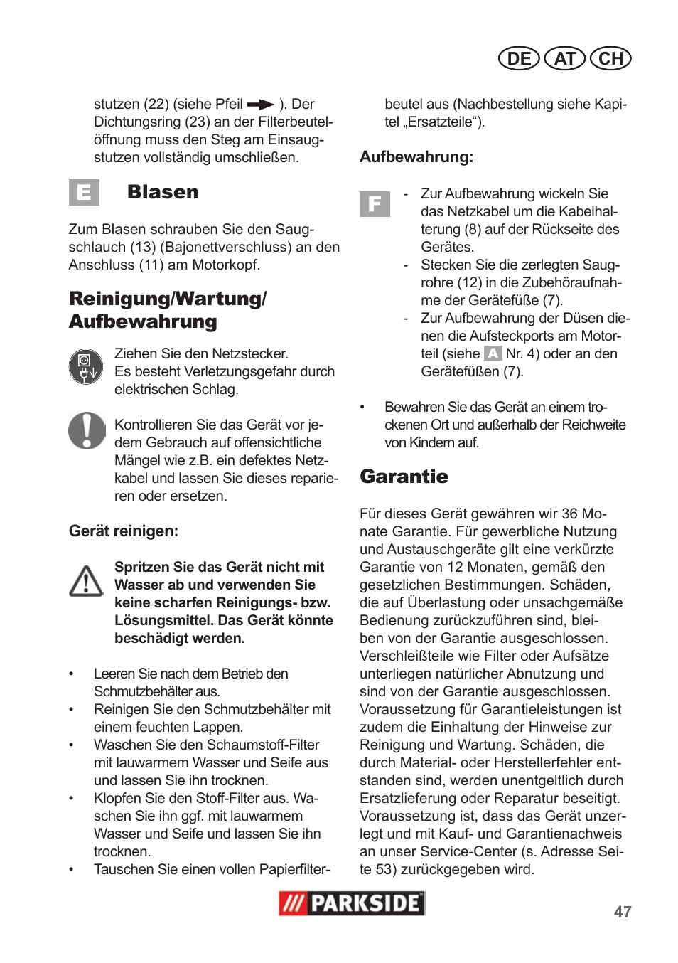 Blasen, Reinigung/wartung/ aufbewahrung, Garantie | De at ch | Parkside PNTS 1300 A1 User Manual | Page 47 / 54