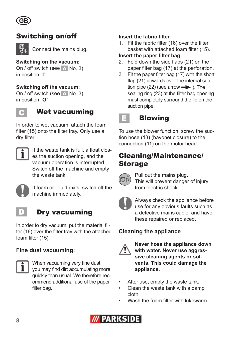 Switching on/off, Wet vacuuming, Dry vacuuming | Blowing, Cleaning/maintenance/ storage | Parkside PNTS 1300 A1 User Manual | Page 8 / 54