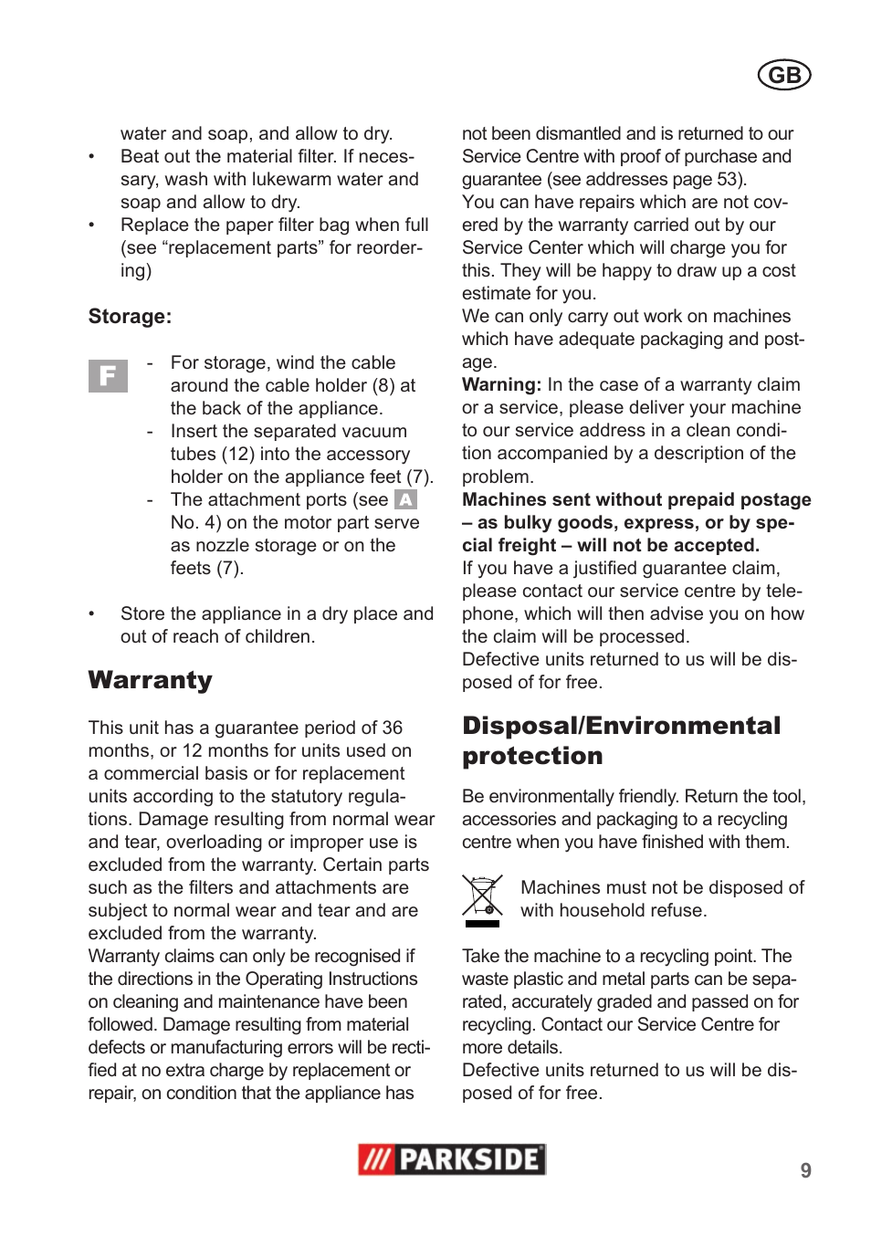 Warranty, Disposal/environmental protection | Parkside PNTS 1300 A1 User Manual | Page 9 / 54