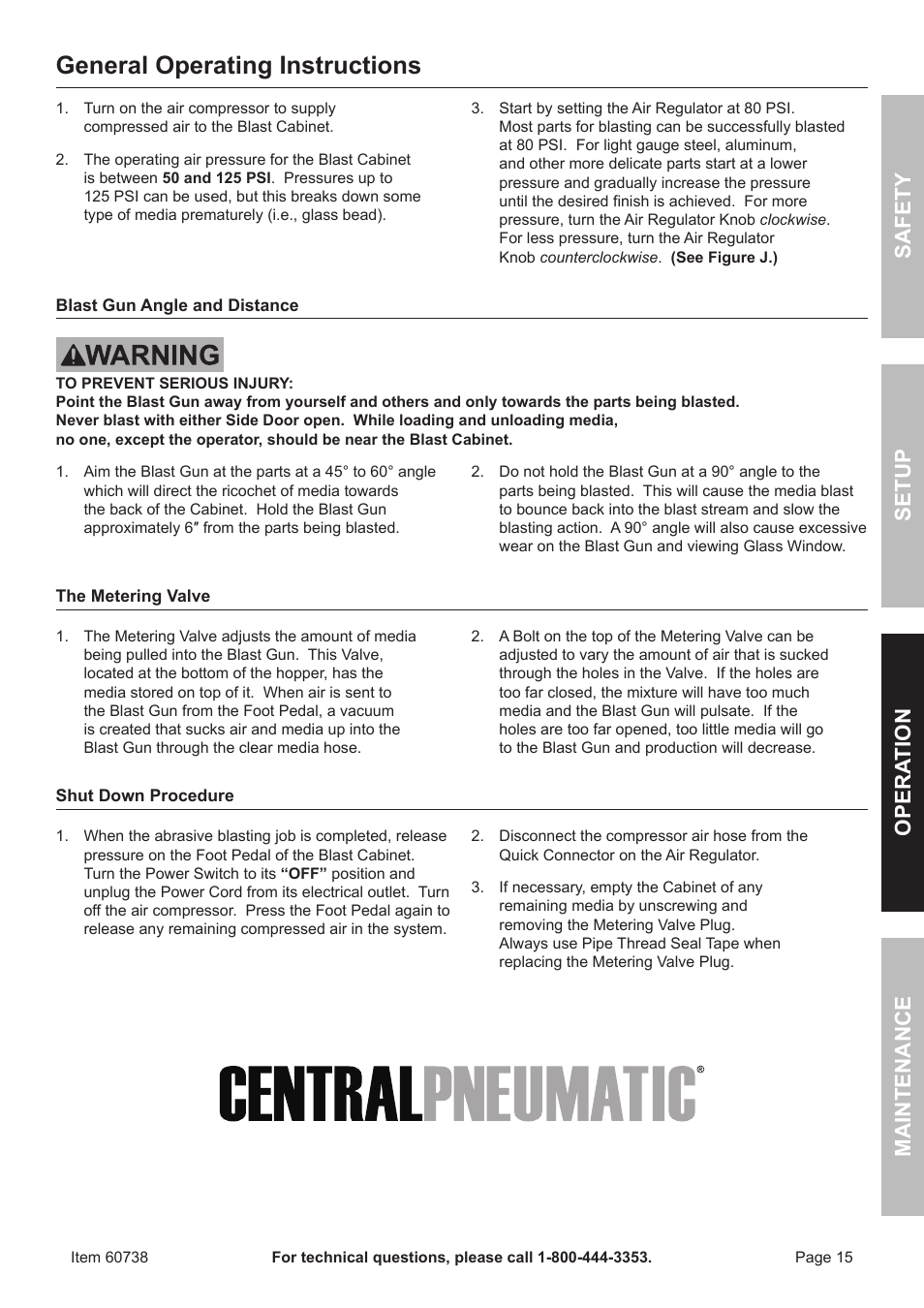 General operating instructions, Safet y op era tion m aintenan c e setu p | Harbor Freight Tools ITEM 60738 User Manual | Page 15 / 20