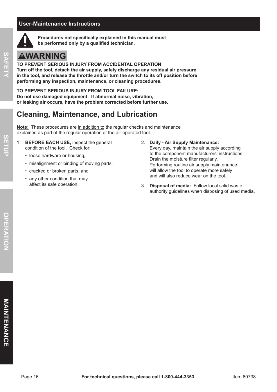 Cleaning, maintenance, and lubrication, Safet y op era tion m aintenan c e setu p | Harbor Freight Tools ITEM 60738 User Manual | Page 16 / 20