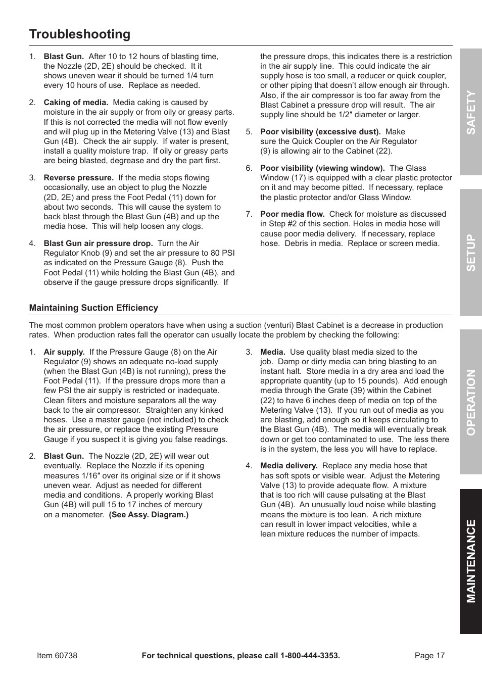 Troubleshooting, Safet y op era tion m aintenan c e setu p | Harbor Freight Tools ITEM 60738 User Manual | Page 17 / 20