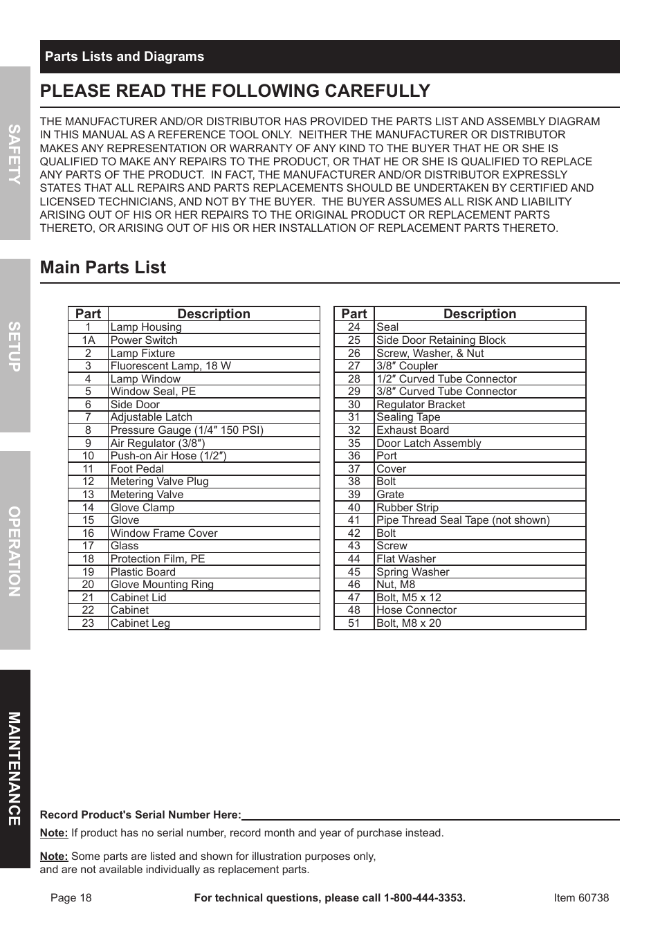 Please read the following carefully, Main parts list, Safet y op era tion m aintenan c e setu p | Harbor Freight Tools ITEM 60738 User Manual | Page 18 / 20