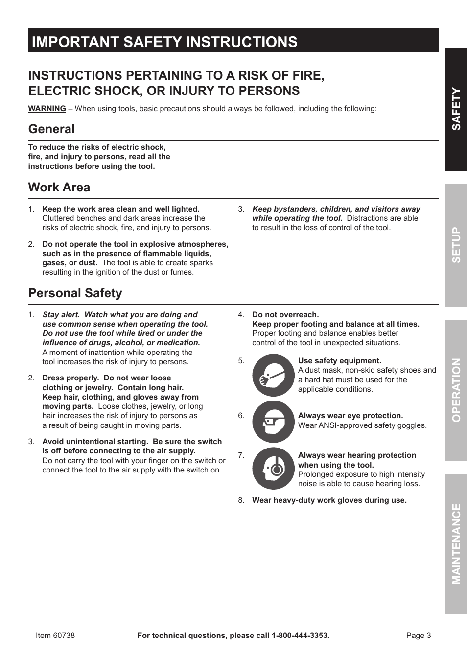 Important safety instructions, General, Work area | Personal safety, Safet y op era tion m aintenan c e setu p | Harbor Freight Tools ITEM 60738 User Manual | Page 3 / 20