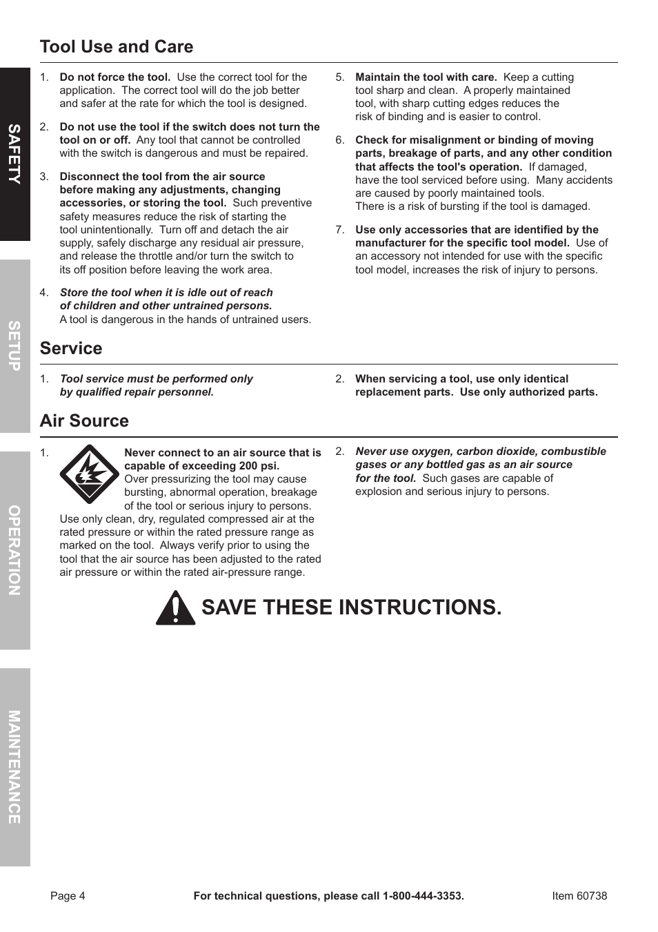 Save these instructions, Tool use and care, Service | Air source, Safet y op era tion m aintenan c e setu p | Harbor Freight Tools ITEM 60738 User Manual | Page 4 / 20