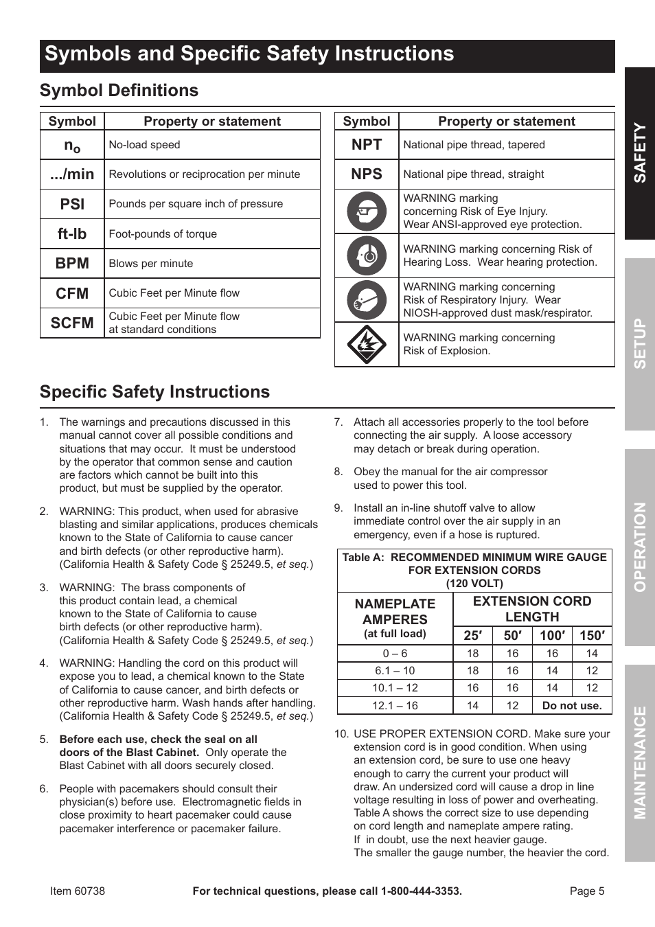 Symbols and specific safety instructions, Symbol definitions, Specific safety instructions | Safet y op era tion m aintenan c e setu p, Ft-lb, Scfm | Harbor Freight Tools ITEM 60738 User Manual | Page 5 / 20