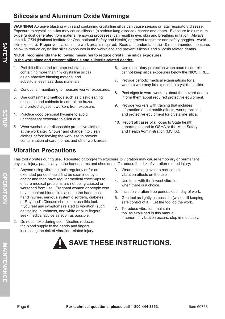 Save these instructions, Silicosis and aluminum oxide warnings, Vibration precautions | Safet y op era tion m aintenan c e setu p | Harbor Freight Tools ITEM 60738 User Manual | Page 6 / 20