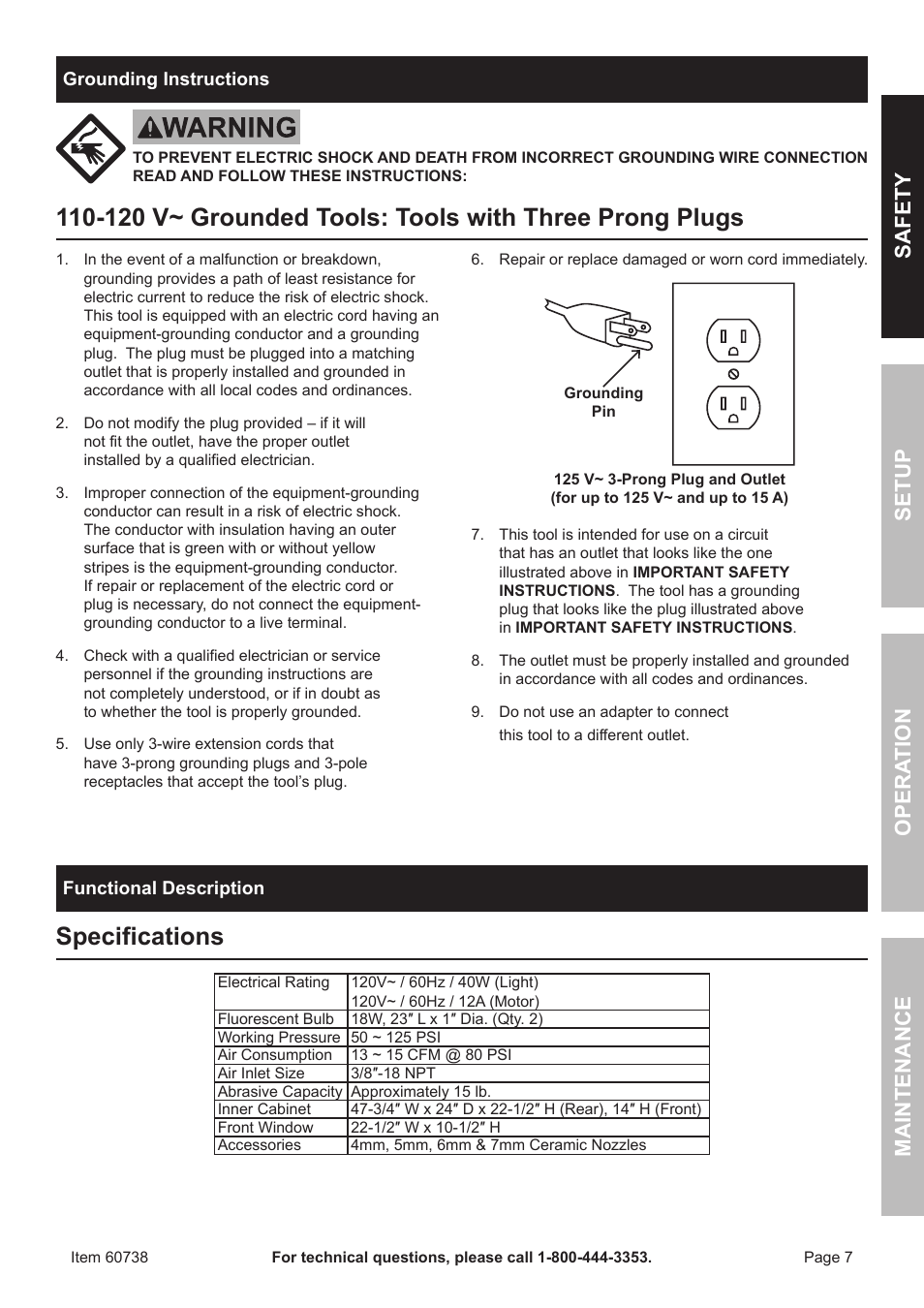 Specifications, Safet y op era tion m aintenan c e setu p | Harbor Freight Tools ITEM 60738 User Manual | Page 7 / 20