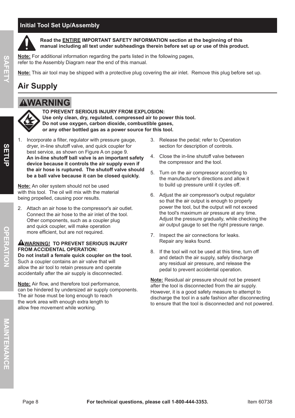 Air supply, Safet y op era tion m aintenan c e setu p | Harbor Freight Tools ITEM 60738 User Manual | Page 8 / 20