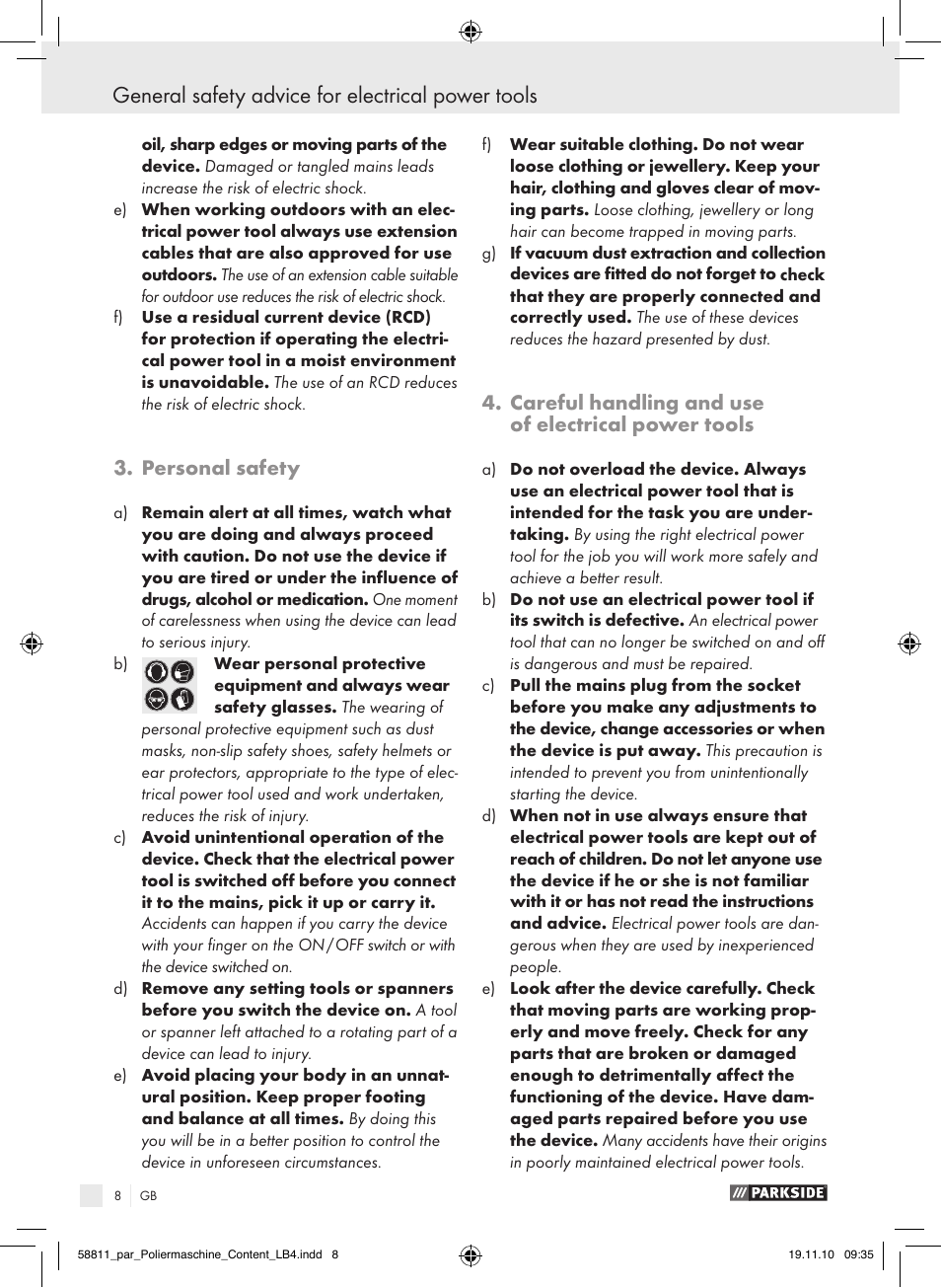 General safety advice for electrical power tools, Personal safety, Careful handling and use of electrical power tools | Parkside PWP 90 A1 User Manual | Page 10 / 62