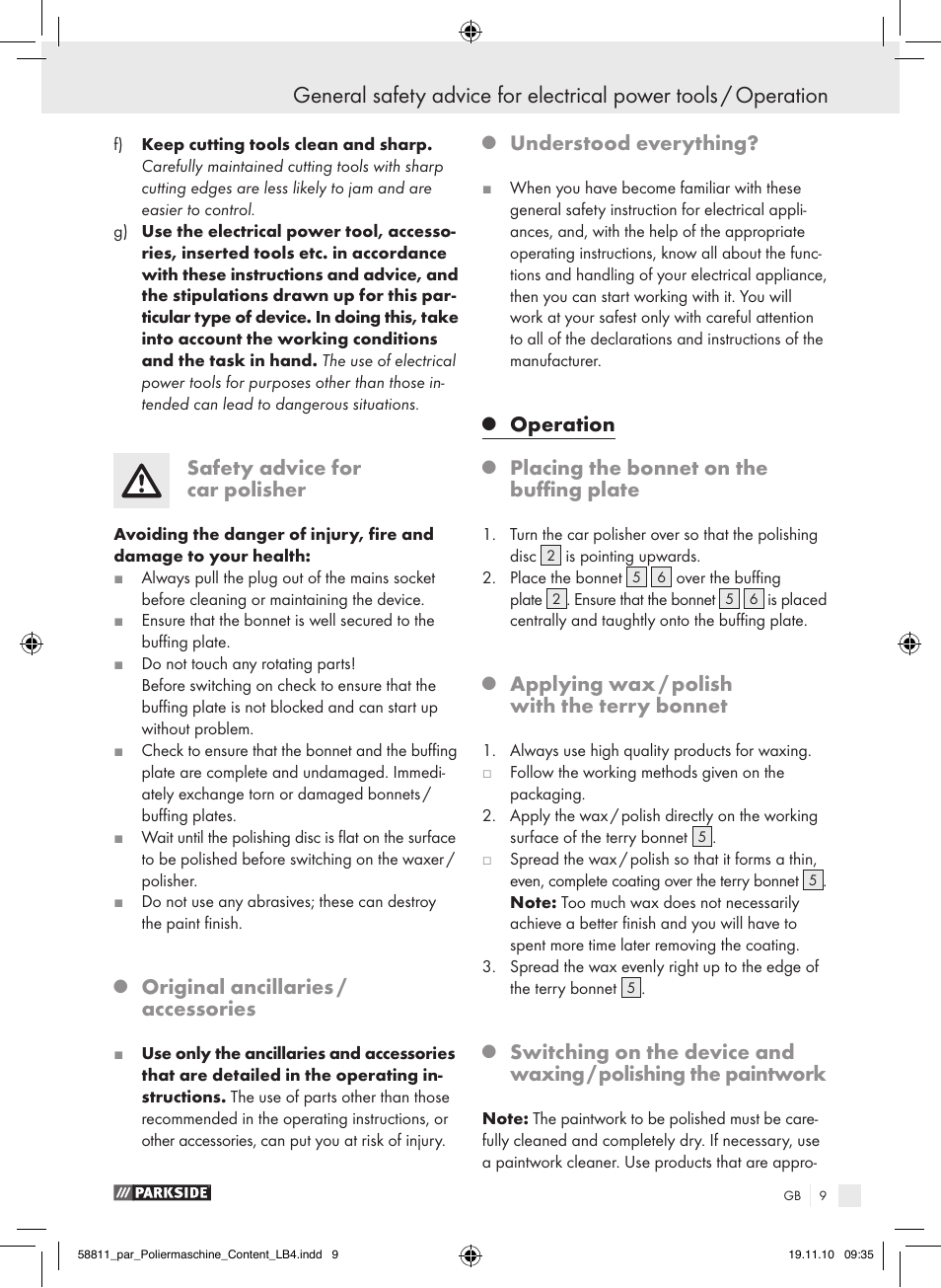 Safety advice for car polisher, Original ancillaries / accessories, Understood everything | Operation, Placing the bonnet on the buffing plate, Applying wax / polish with the terry bonnet | Parkside PWP 90 A1 User Manual | Page 11 / 62