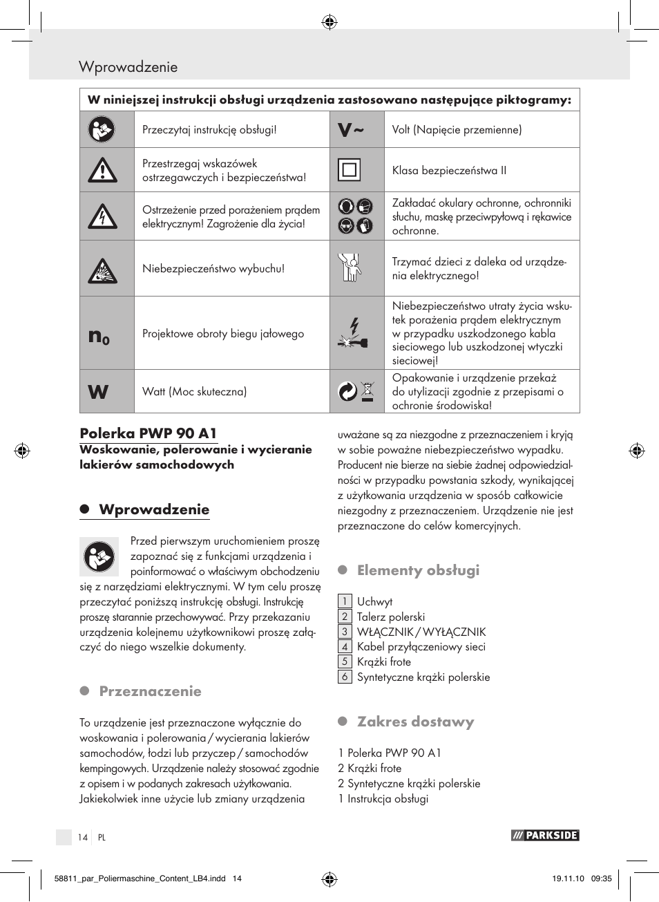 Wprowadzenie, Polerka pwp 90 a1, Przeznaczenie | Elementy obsługi, Zakres dostawy | Parkside PWP 90 A1 User Manual | Page 16 / 62