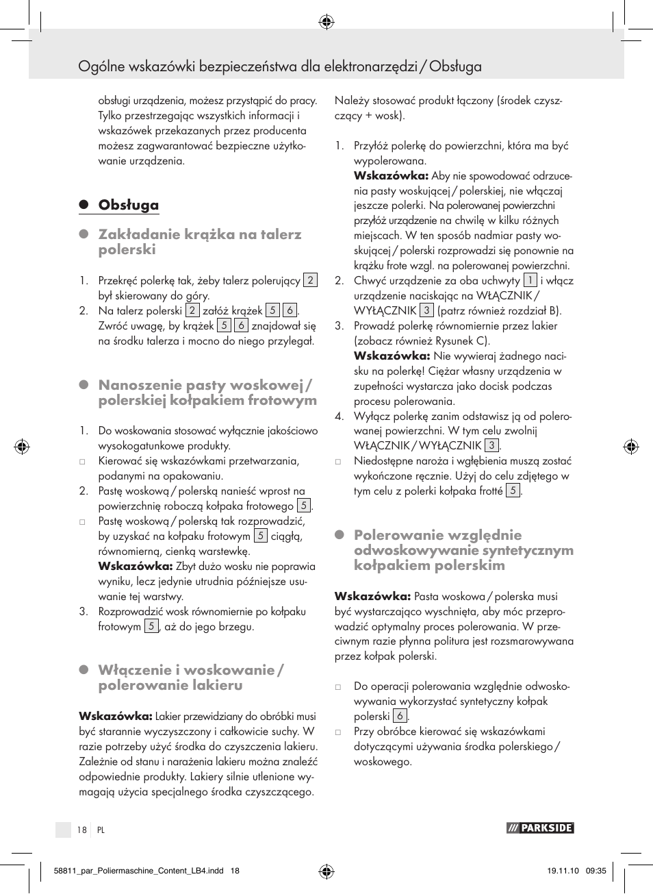 Obsługa, Zakładanie krążka na talerz polerski, Włączenie i woskowanie / polerowanie lakieru | Parkside PWP 90 A1 User Manual | Page 20 / 62