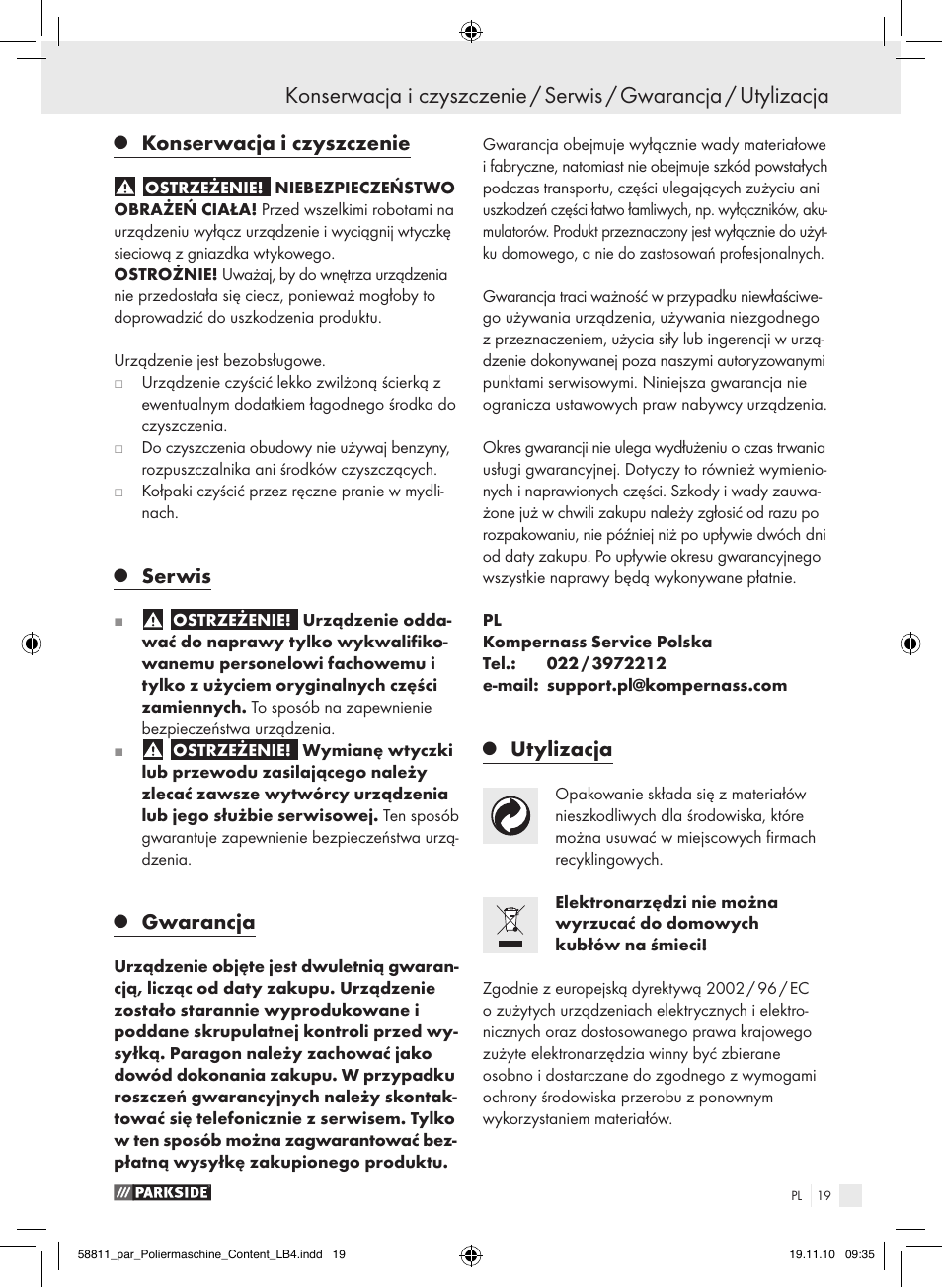 Konserwacja i czyszczenie, Serwis, Gwarancja | Utylizacja | Parkside PWP 90 A1 User Manual | Page 21 / 62