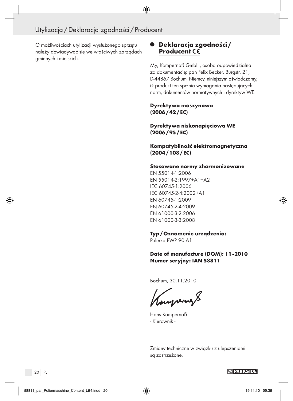 Utylizacja / deklaracja zgodności / producent, Deklaracja zgodności / producent | Parkside PWP 90 A1 User Manual | Page 22 / 62