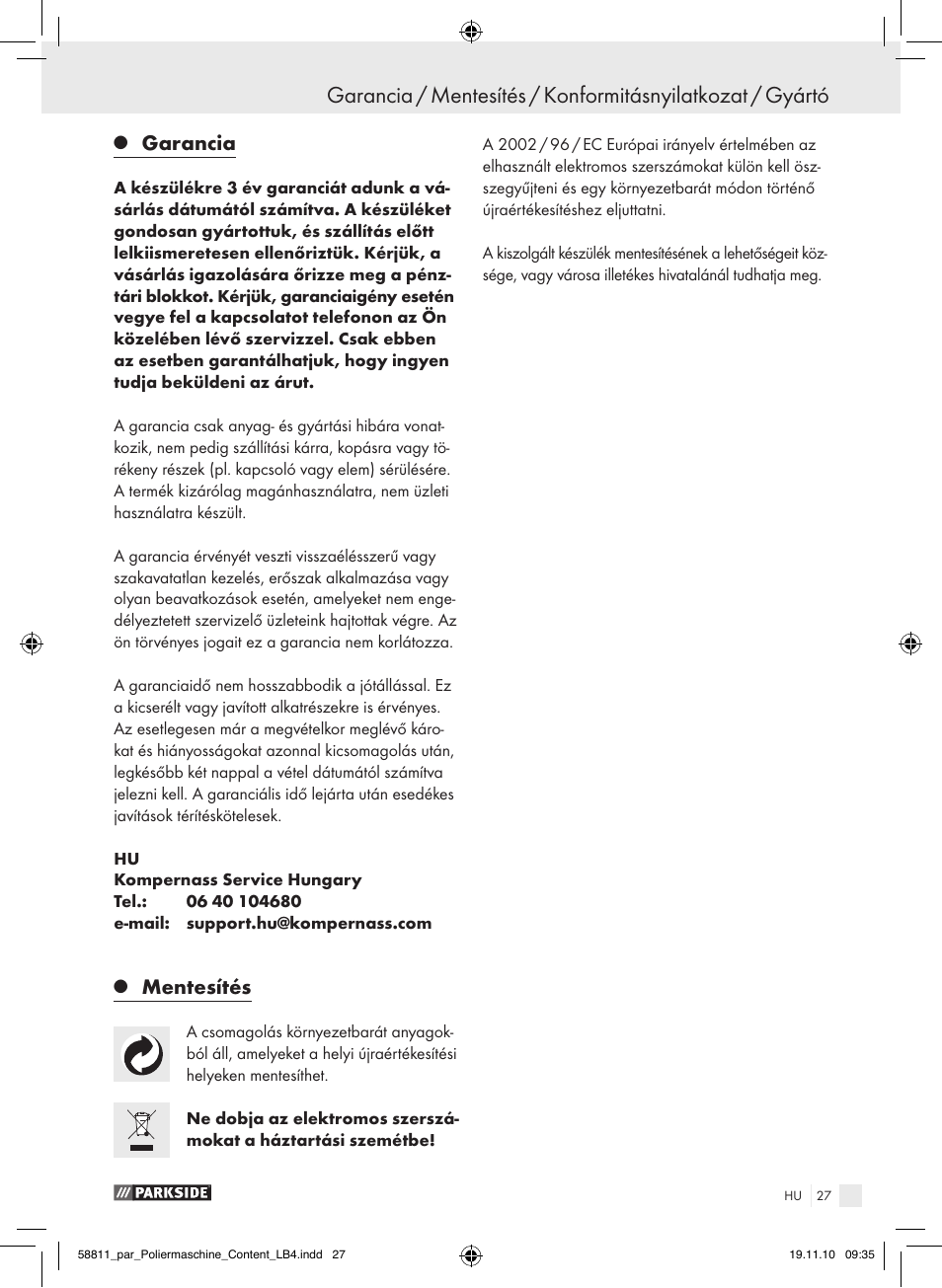 Garancia, Mentesítés | Parkside PWP 90 A1 User Manual | Page 29 / 62