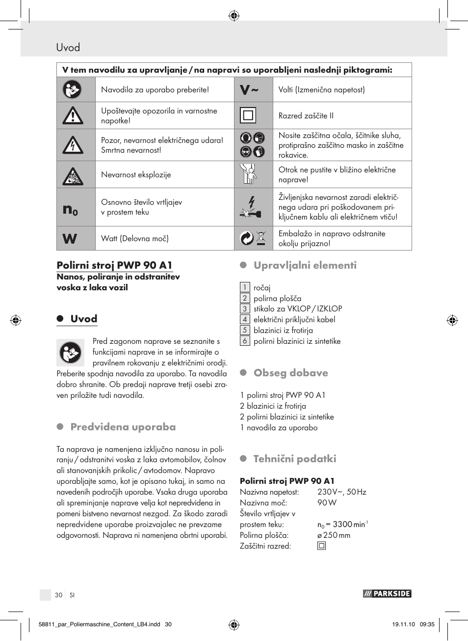 Uvod, Polirni stroj pwp 90 a1, Predvidena uporaba | Upravljalni elementi, Obseg dobave, Tehnični podatki | Parkside PWP 90 A1 User Manual | Page 32 / 62