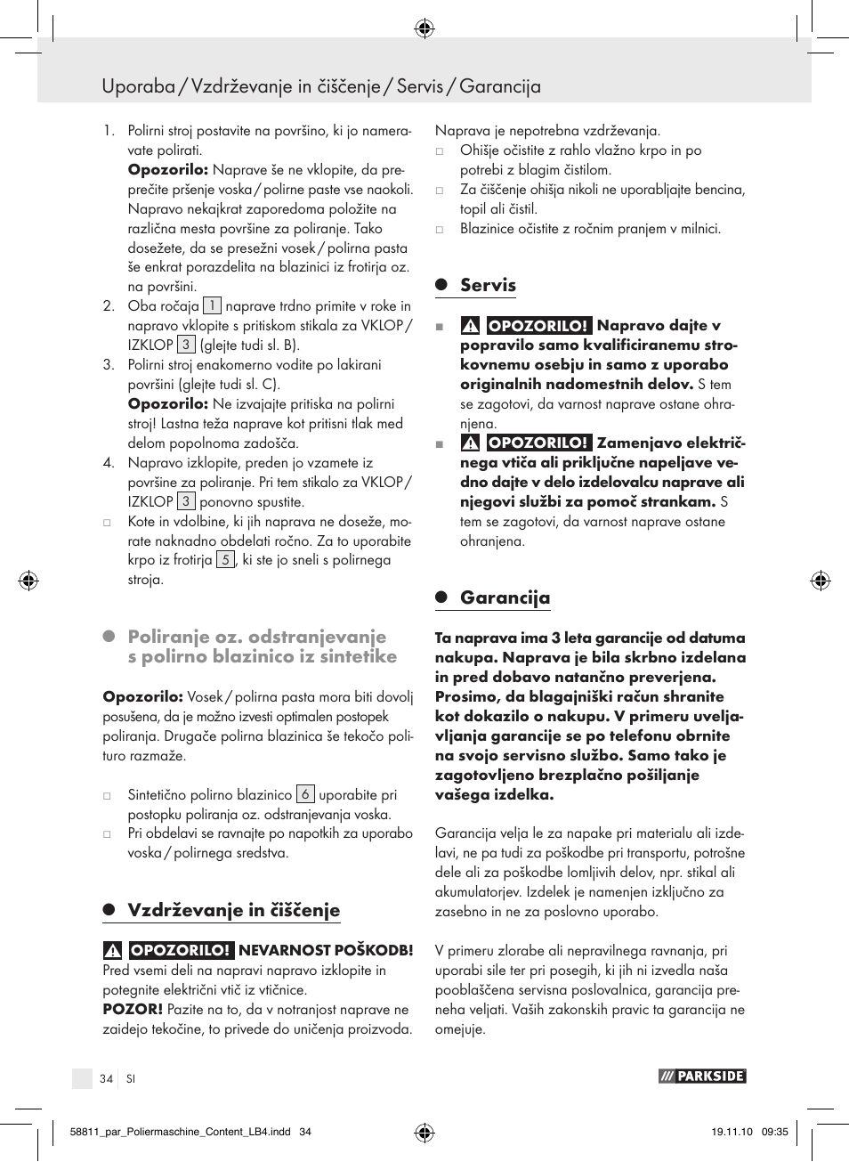 Vzdrževanje in čiščenje, Servis, Garancija | Parkside PWP 90 A1 User Manual | Page 36 / 62