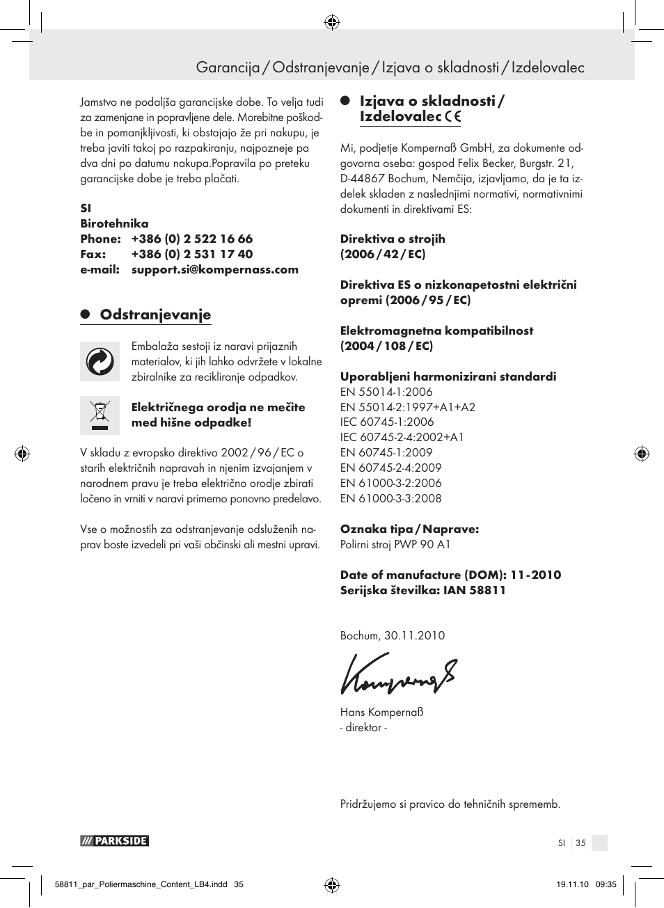 Odstranjevanje, Izjava o skladnosti / izdelovalec | Parkside PWP 90 A1 User Manual | Page 37 / 62