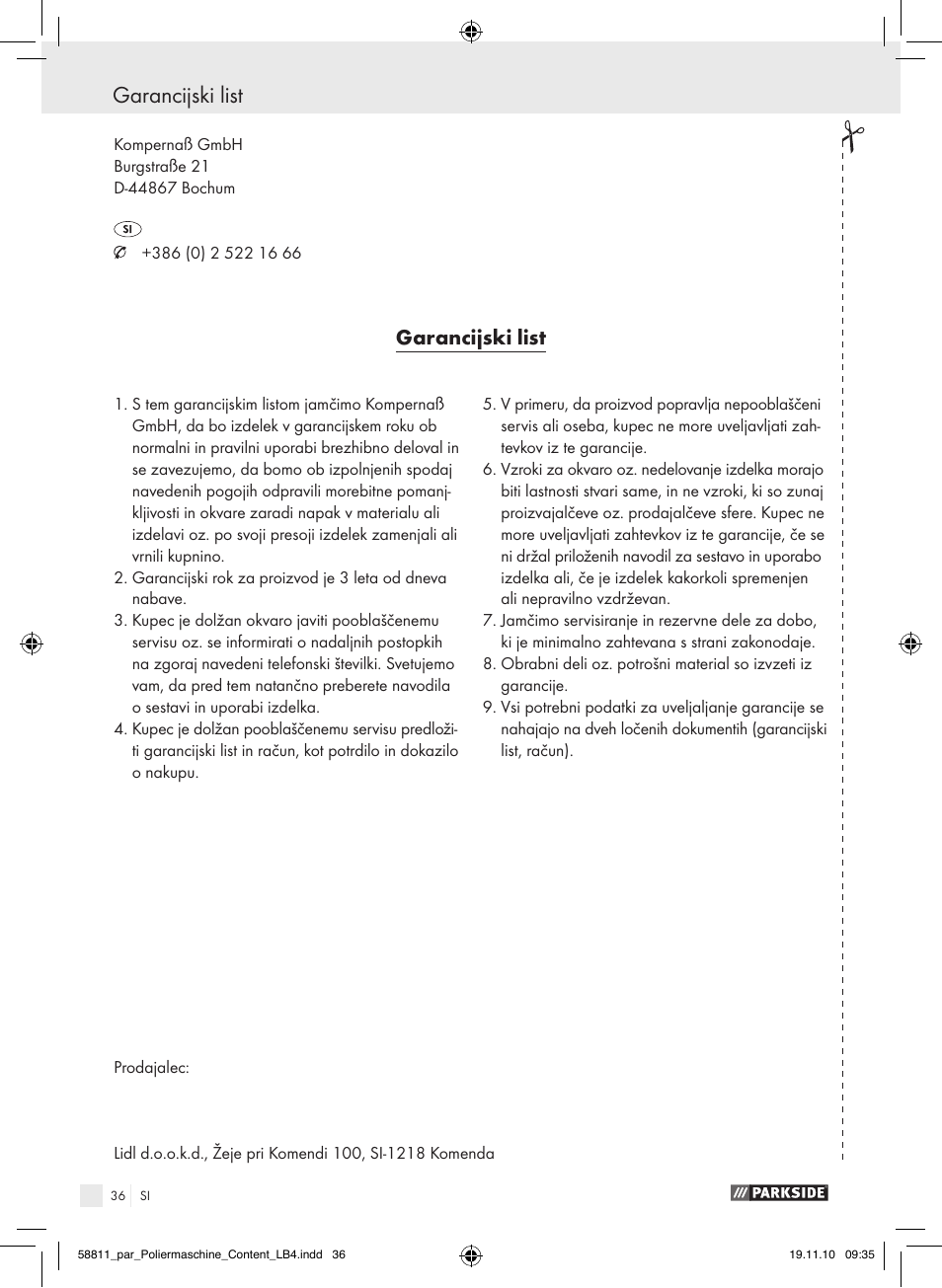 Garancijski list | Parkside PWP 90 A1 User Manual | Page 38 / 62